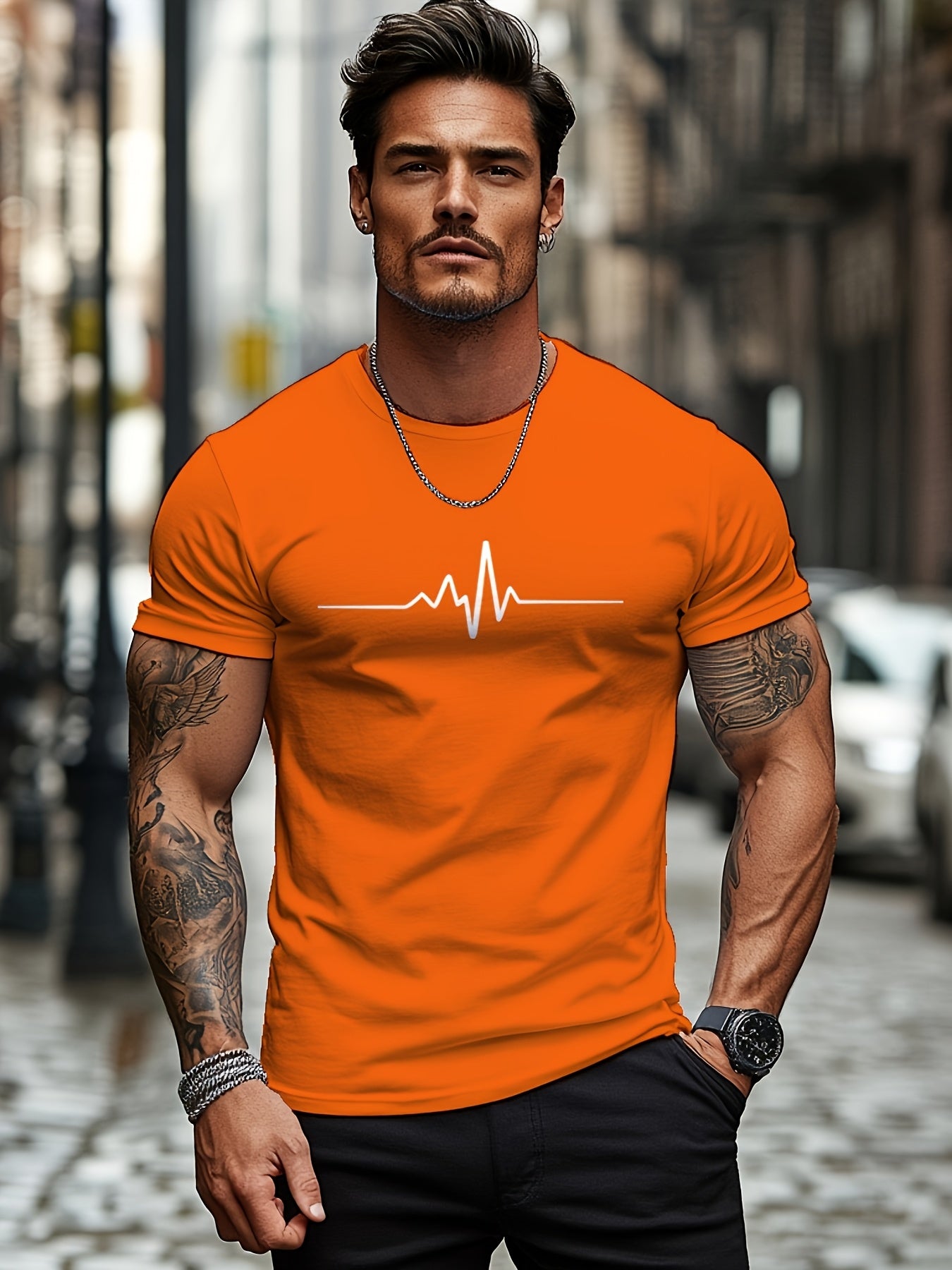 Men'S Brown T-Shirt with ECG Heartbeat Graphic - Casual Streetwear, Short Sleeve, Round Neck, Stretch Fabric, All-Season Comfort, Casual Streetwear Tee Round Neck Tshirt Comfortable Fit