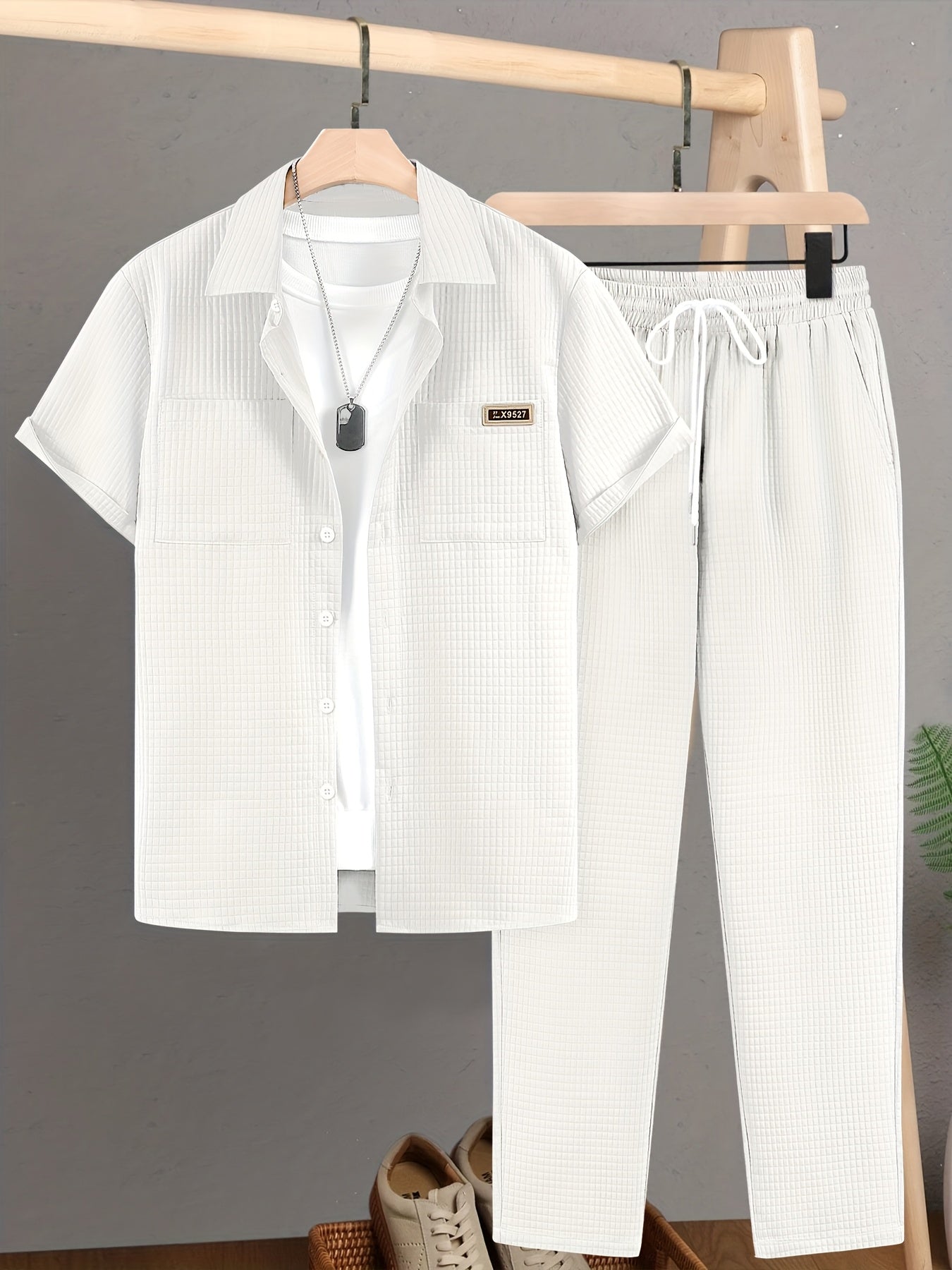 Summer Men'S Casual Bread Pattern Texture Short Sleeve Long Pants Shirt Set, 100% Polyester, Double Pocket Shirt, Turnover Woven Top Can Be Machine Washed and Dry Cleaned