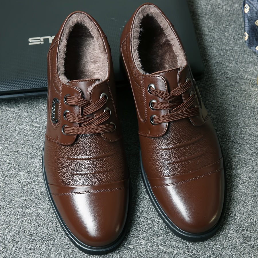 Men'S Genuine Leather Winter Warm Business Casual Shoes - Rubber Sole, Lace-Up Low-Top Design with Fabric Lining for All-Day Comfort, Black Solid Color for Office & Daily Wear