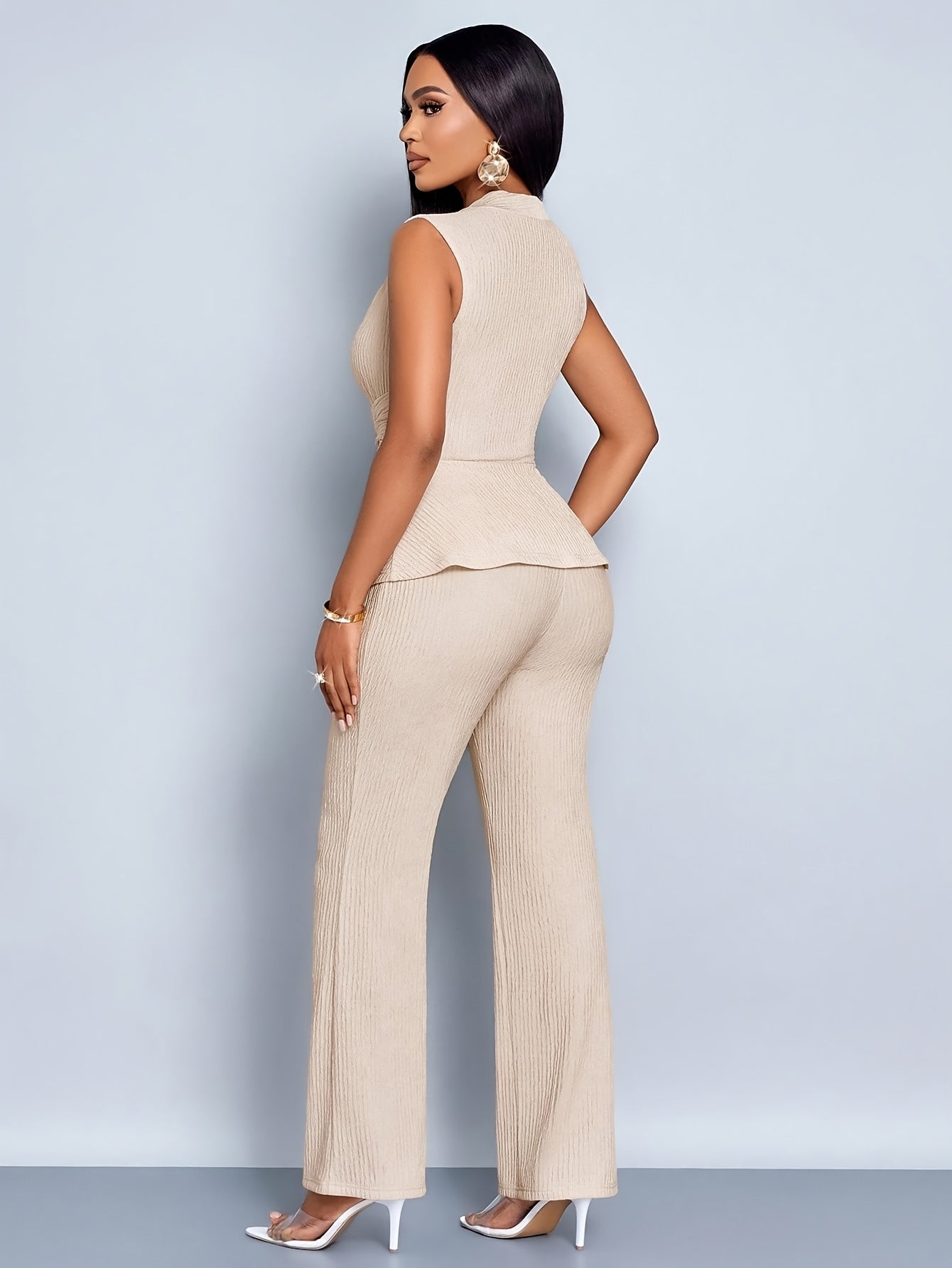 Women's Elegant Solid Color Textured Cross V-Neck Pleated Waist Top and Slim Fit Elastic Waist Straight Pants 2pcs Set