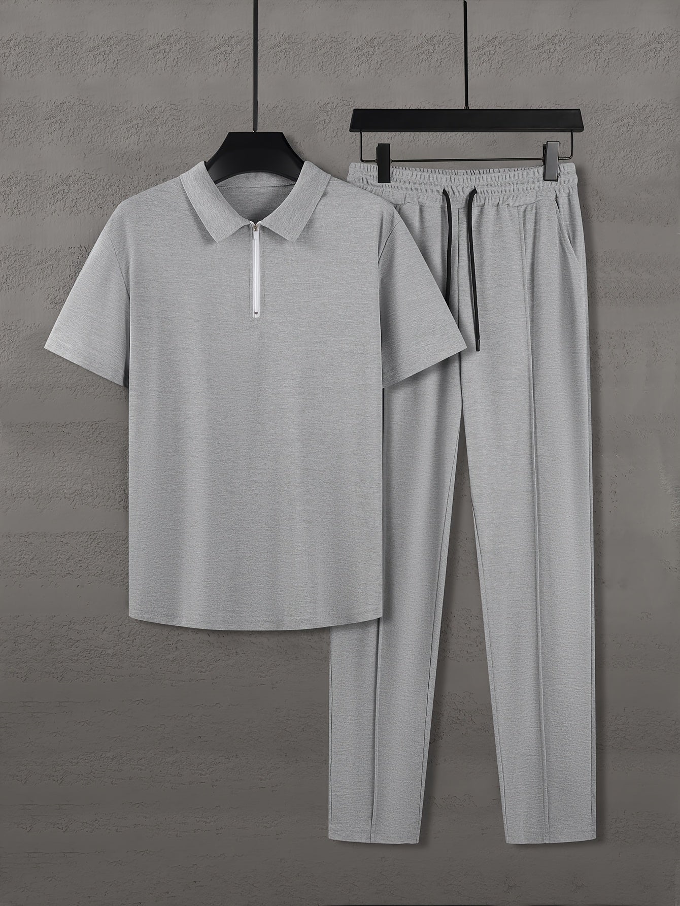 Men'S Summer Solid Color Trendy Casual Suit Collared Short Sleeve Long Pants Suit, Perfect for Outdoor