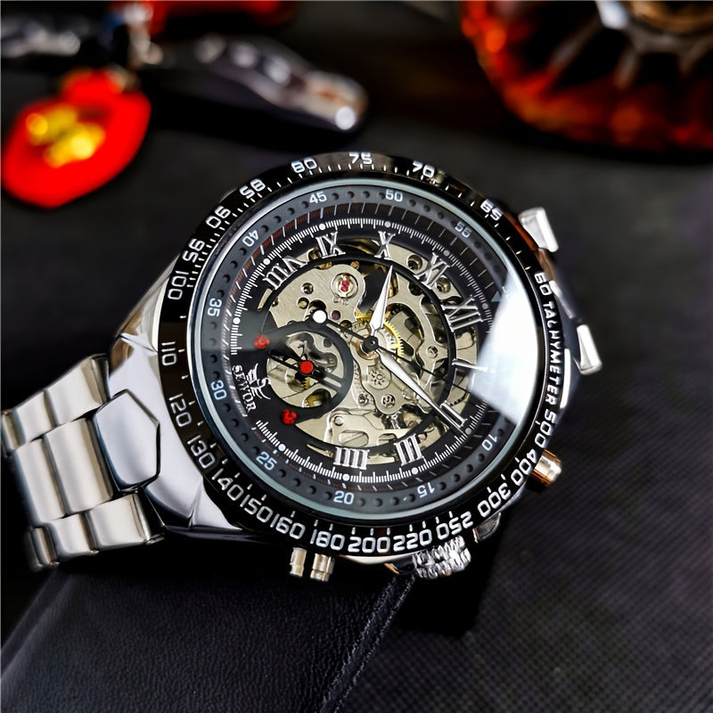 Fashion Statement, Men's Luxury Automatic Mechanical Watch - Elegant Stainless Steel Band, Multi-Function with Sun, Moon, and Stars Display, Transparent Back for Sophisticated Style