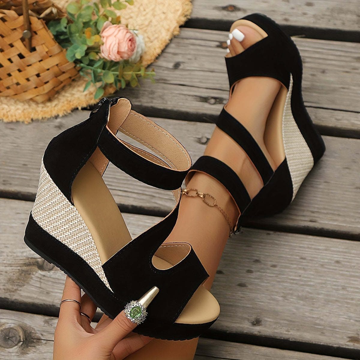 Women'S Black Platform Wedge Sandals - Open Toe, Zipper, Textured Design, High Heel, Comfortable for All Seasons, Casual Footwear Platform Wedge Sandals Rubber Sole