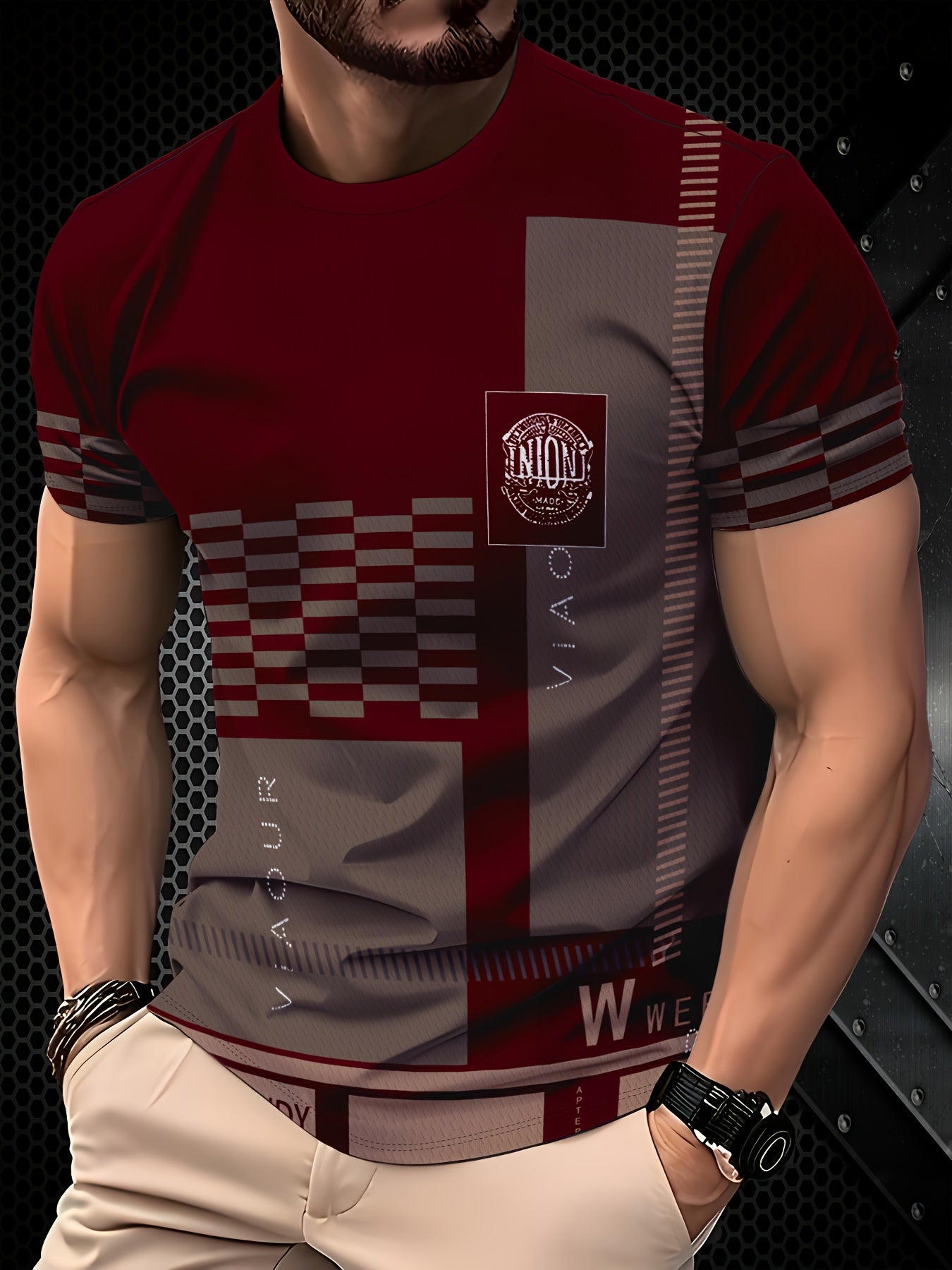 Men'S Navy Brown Plaid Short Sleeve T-Shirt - "Union" Logo, Casual Crew Neck, All-Season Comfort, Regular Fit, Casual Attire Plaid Pattern Top Glossy Finish, PLUS SIZE