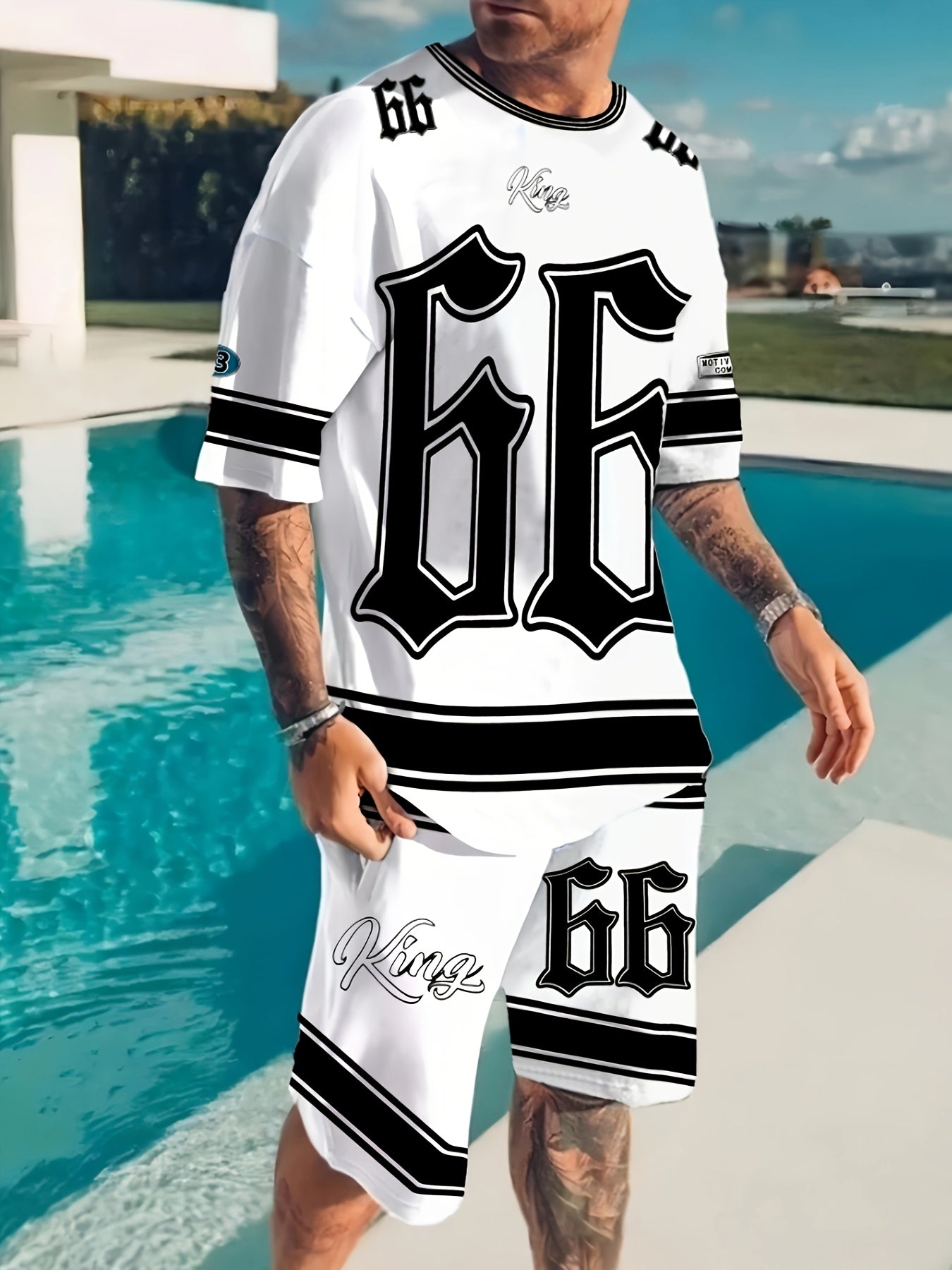 3D Adult Men's T-shirt Shorts Striped Panel Digital Printing Short Sleeve T-shirt Casual Daily Wear, Pattern T-shirt, Summer Pattern T-shirt, Pattern Men's T-shirt Shorts 1 Set of 2