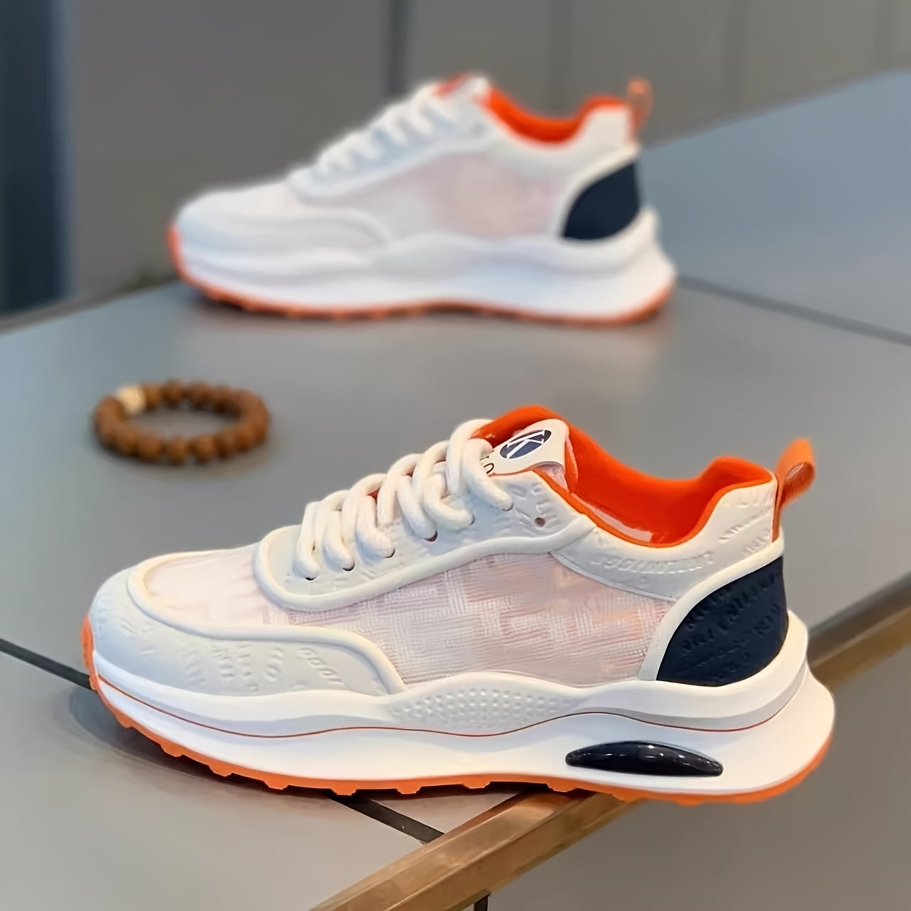 Men's Lightweight Breathable Low-Top Sneakers - PU Upper PVC Sole, White/Navy/Red Accents, Lace-Up Round Toe for Casual, Outdoor, Running Gym - All-Season Comfort Shoes, Casual Footwear, Geometric Pattern, Comfortable Fit