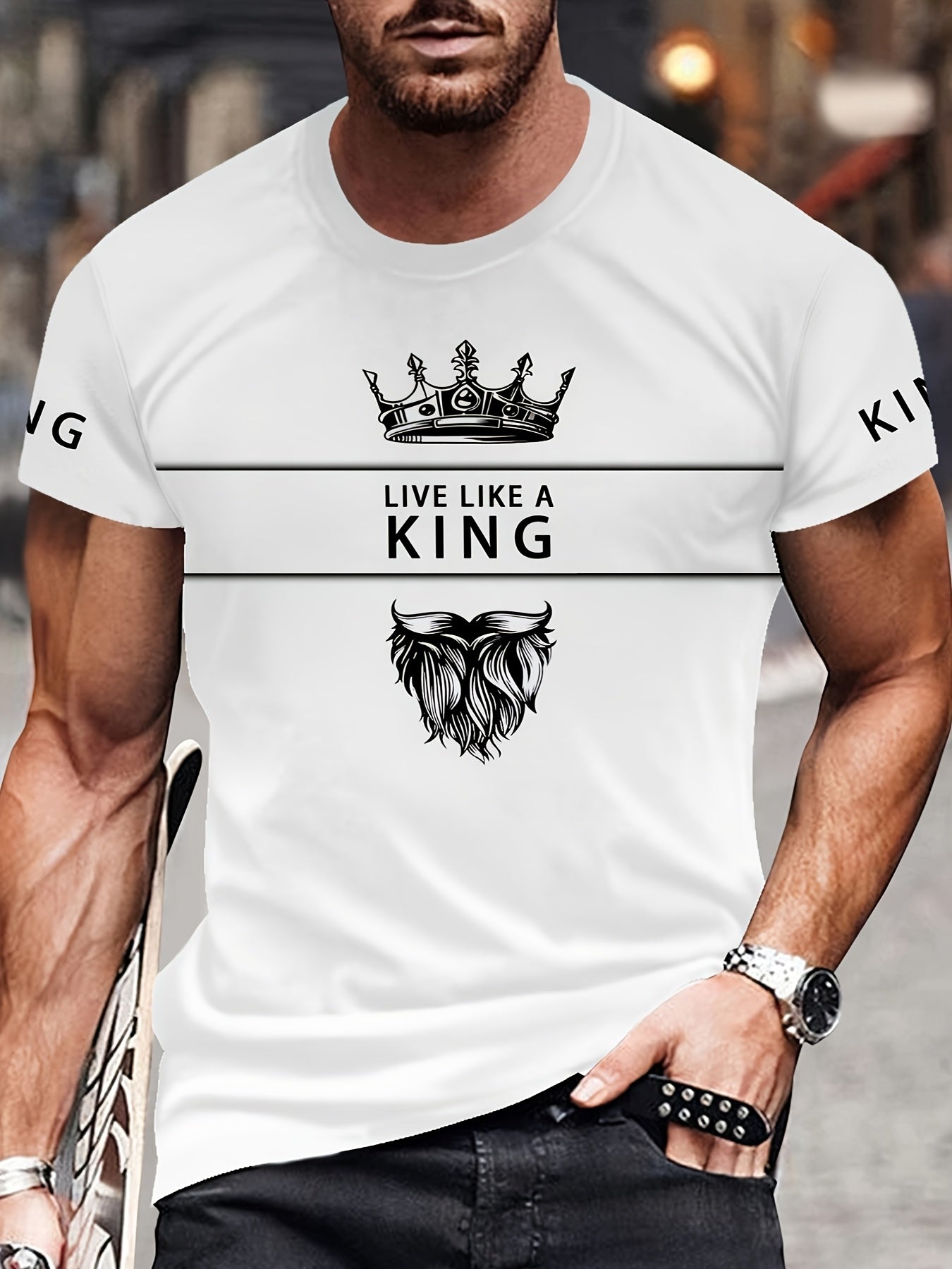 Men's 3D Digital Print T-Shirt with Crown "LIVE LIKE A KING" Slogan - Casual Round Neck Regular Fit Machine Washable Graphic Tee for Casual Attire, Streetwear Fashion, Bold Statement Shirt, Durable Fabric Shirt