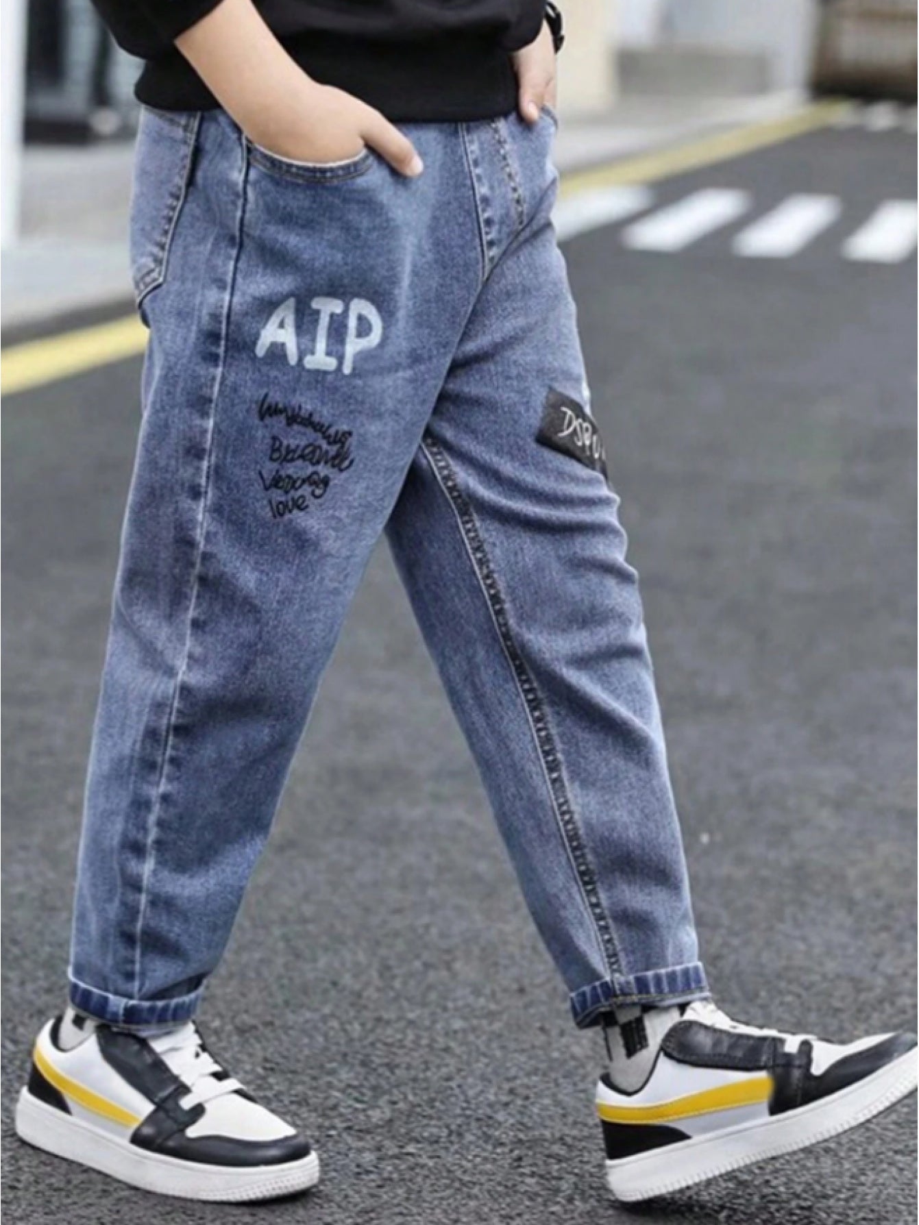 Casual Teen Letter Print Cuffed Cotton Jeans