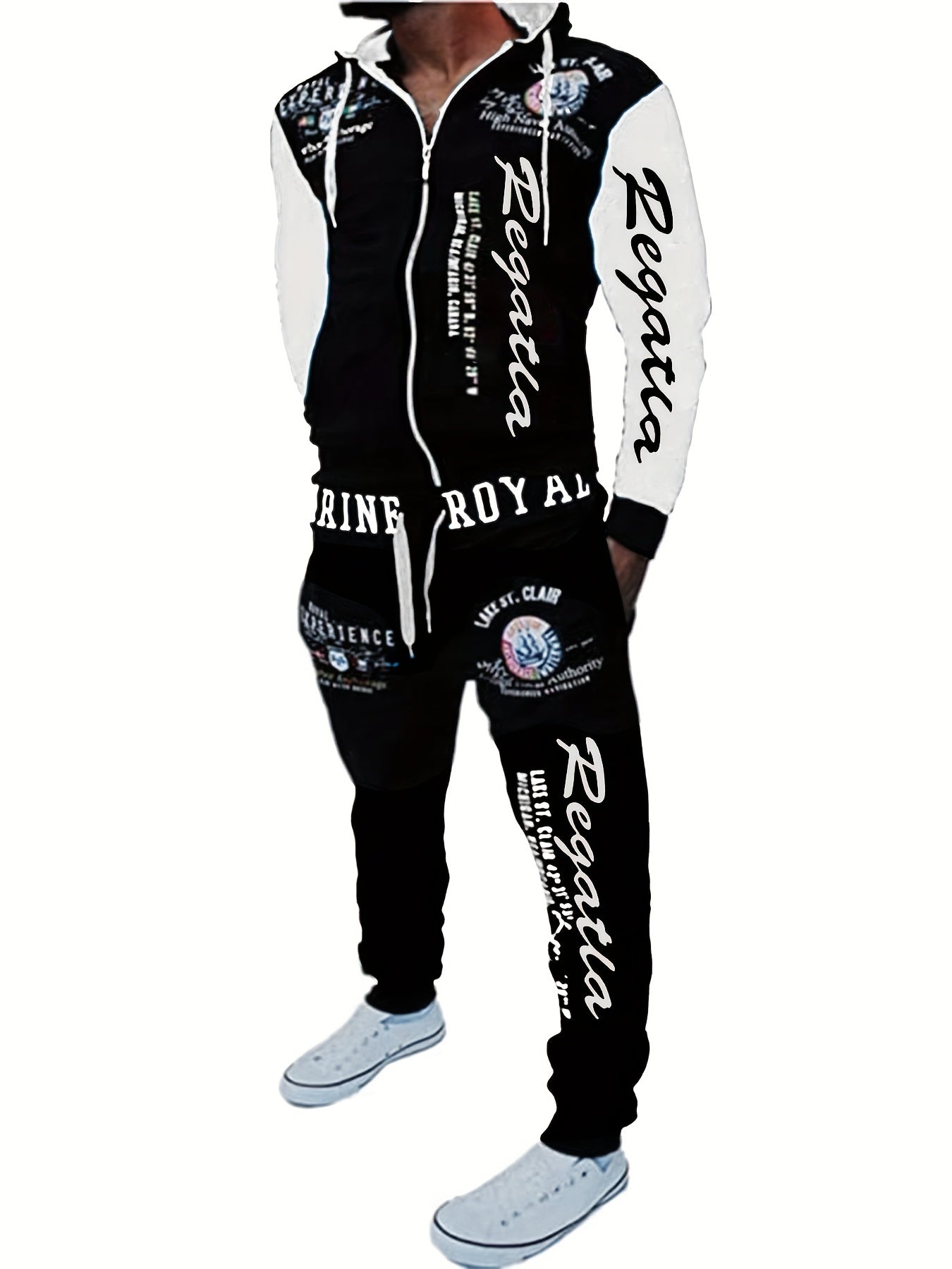 Men's Hooded Letter Print Tracksuit, 2pcs Casual Sports Set, Fashion Hoodie With Full-zip And Elastic-waist Pants, Regular Fit, Outdoor Cloth