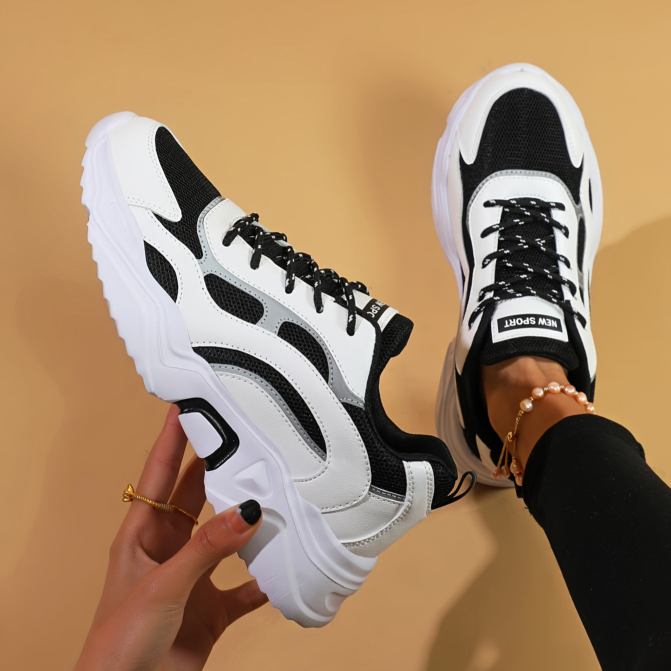 Women's Fashionable Platform Chunky Sneakers, Lace Up Breathable Running Shoes, Thick Bottom Outdoor Casual Dad Shoes