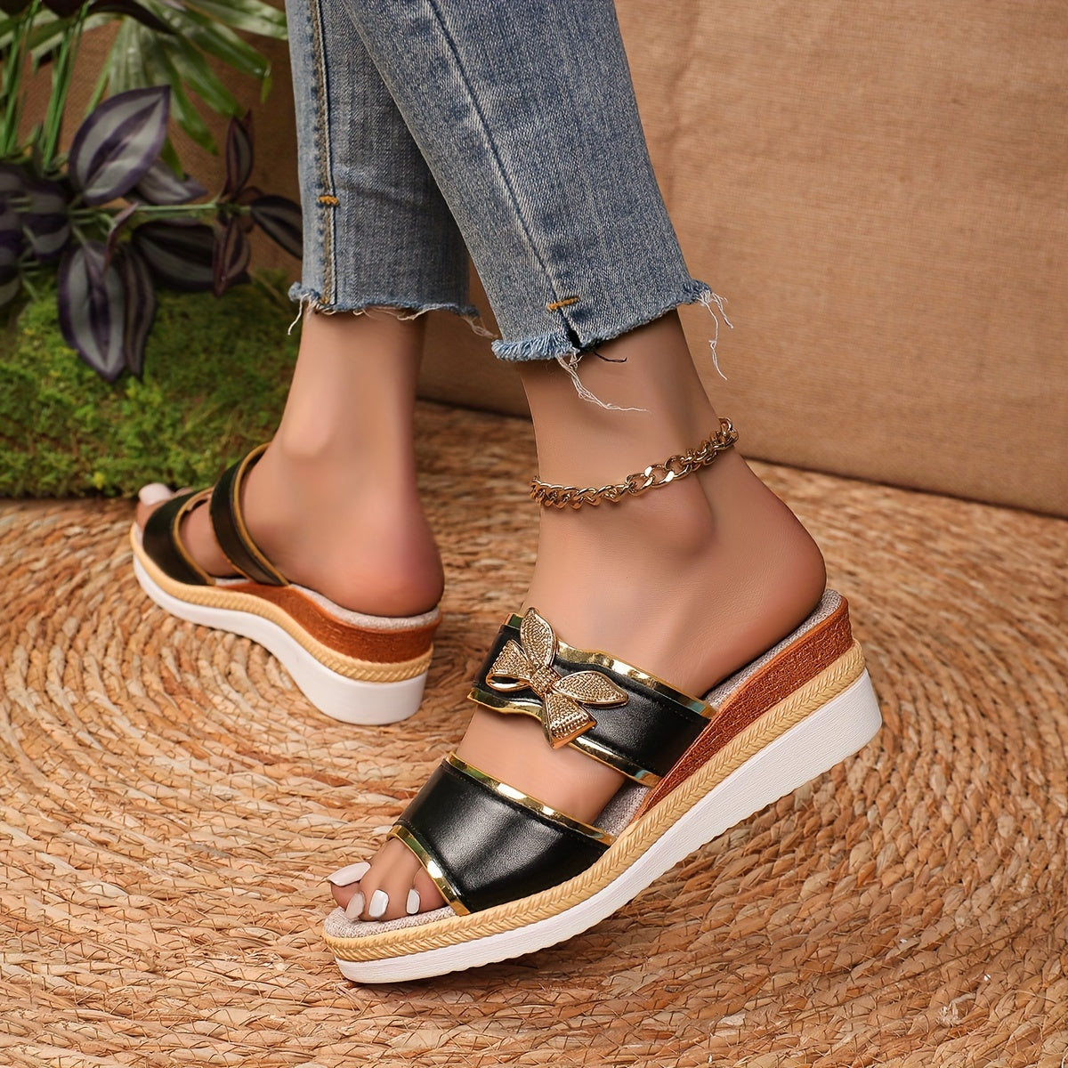 Women'S 2024 New Fashionable Slip-On Wedge Sandals with Fish Mouth Design - Black, Open Toe, Platform Heel, Stylish Ankle Strap, Polyurethane Upper, Rubber Sole, Flax Insole, Casual Footwear Fashionable Footwear Stylish S