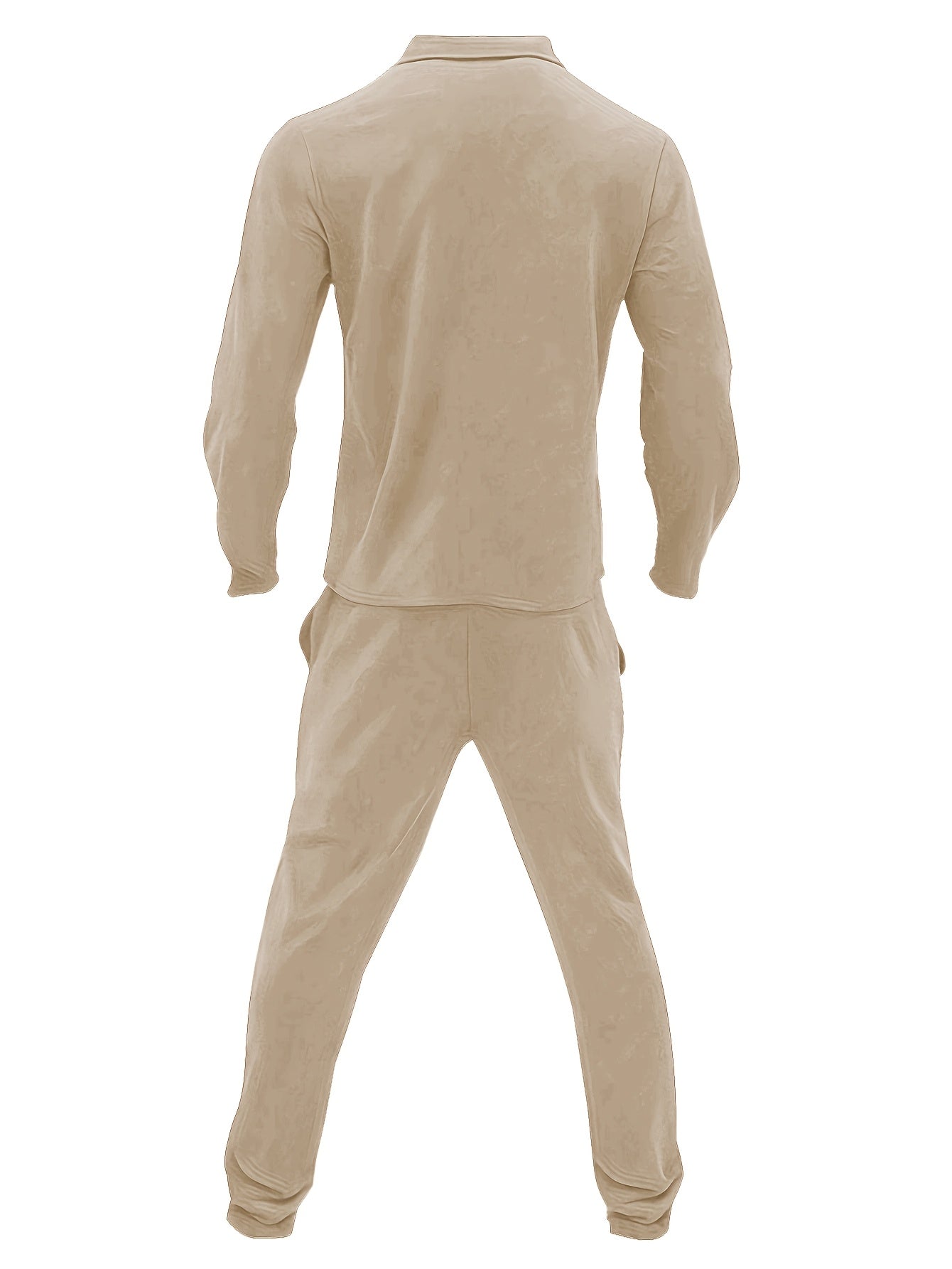 1set Men'S Casual Solid Color Polyester Outfit - Long Sleeve Button-Down Lapel Collar Jacket with Pockets and Drawstring Long Pants Set for Fall/Winter