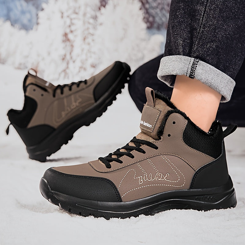 Men's Mid-Top Outdoor Sneakers | Plush Lining for Warmth | Durable MD Sole | All-Season Comfort | Stylish Black | Casual Walking Shoes with Hook & Loop Fastener | Ideal for Travel and Everyday Use