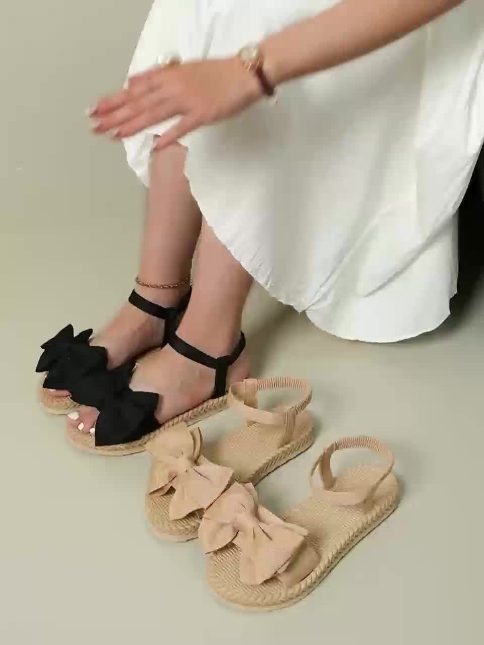 Elegant Women's Mary Jane Flat Sandals with Black Bow Detail - Lightweight Soft Microfiber Slip-On Open-Toe Beach Shoes, Comfortable EVA Sole for Casual Formal Wear, All-Season Versatile Design, Summer Footwear, Bowadorned
