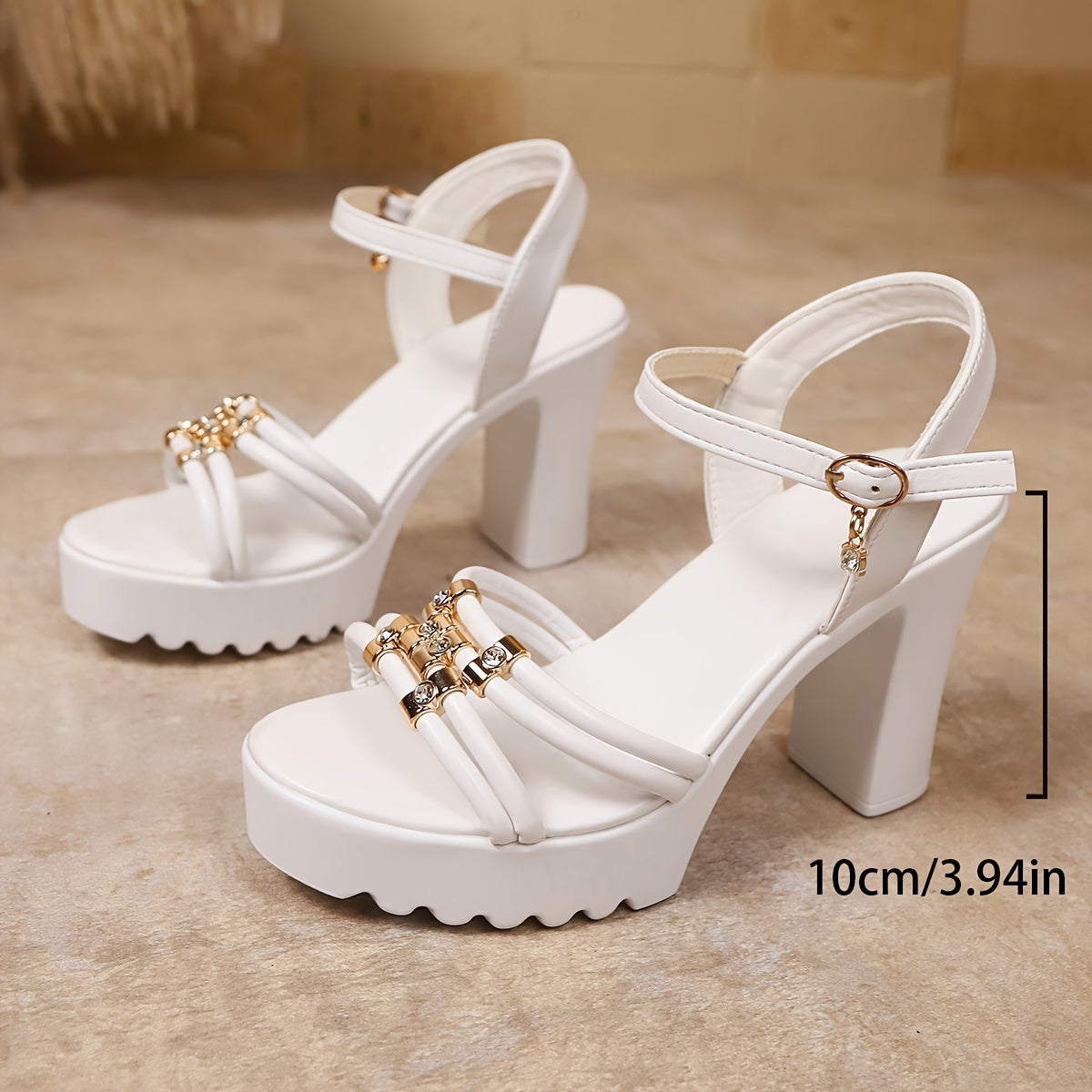 Women's Chunky Platform High Heel Sandals - Elegant Open-Toe Summer Shoes with Ankle Strap, Synthetic Cover Upper PU Sole, White Versatile Dressy Casual Footwear, Chunky Heel Sandals, Formal Casual Wear, Crisscross Ankle St