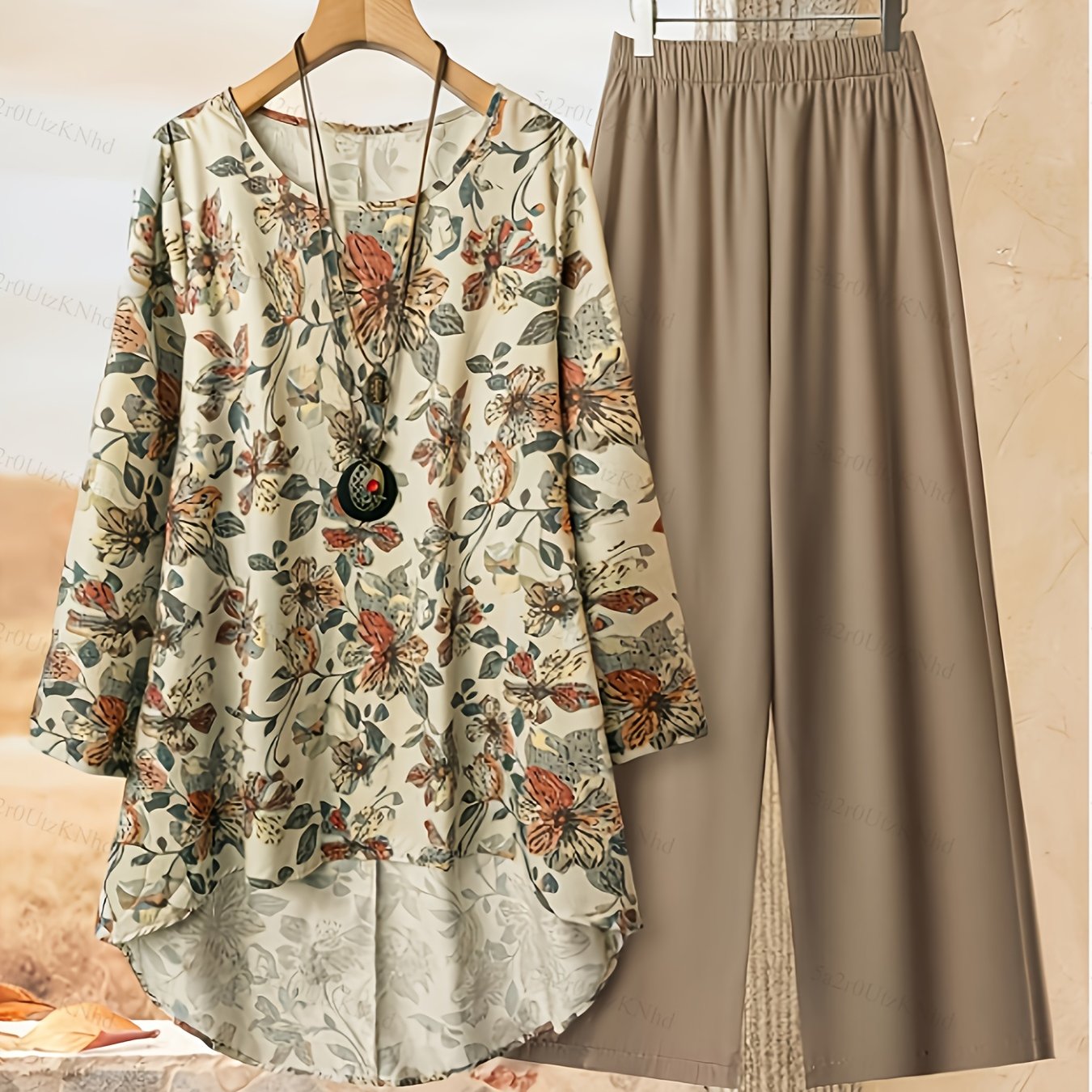 Women's Fashion Set with Floral Print Top and Khaki Pants