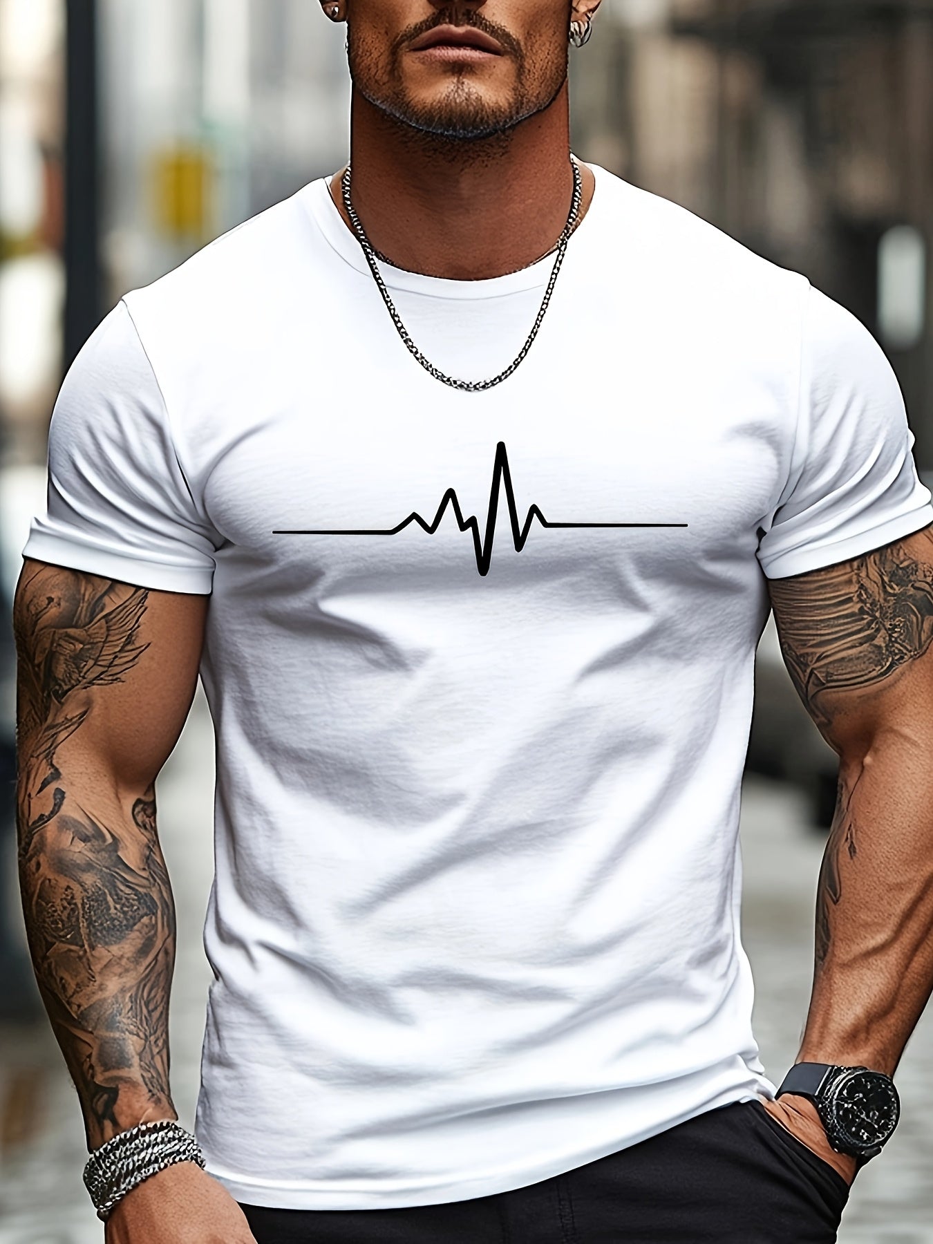 Men'S Brown T-Shirt with ECG Heartbeat Graphic - Casual Streetwear, Short Sleeve, Round Neck, Stretch Fabric, All-Season Comfort, Casual Streetwear Tee Round Neck Tshirt Comfortable Fit