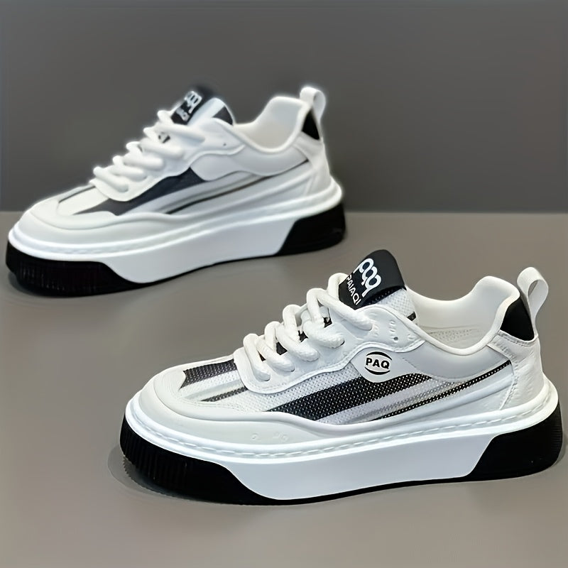 Men's Low-Top Sneakers - All-Season Cushioned Shoes with Shock-Absorbing PVC Sole Breathable Fabric Lining, White PU Upper - Lightweight Sneakers for Gym, Casual, Casual Attire - Lace-Up Design for Secure Fit, Gym Footwear,