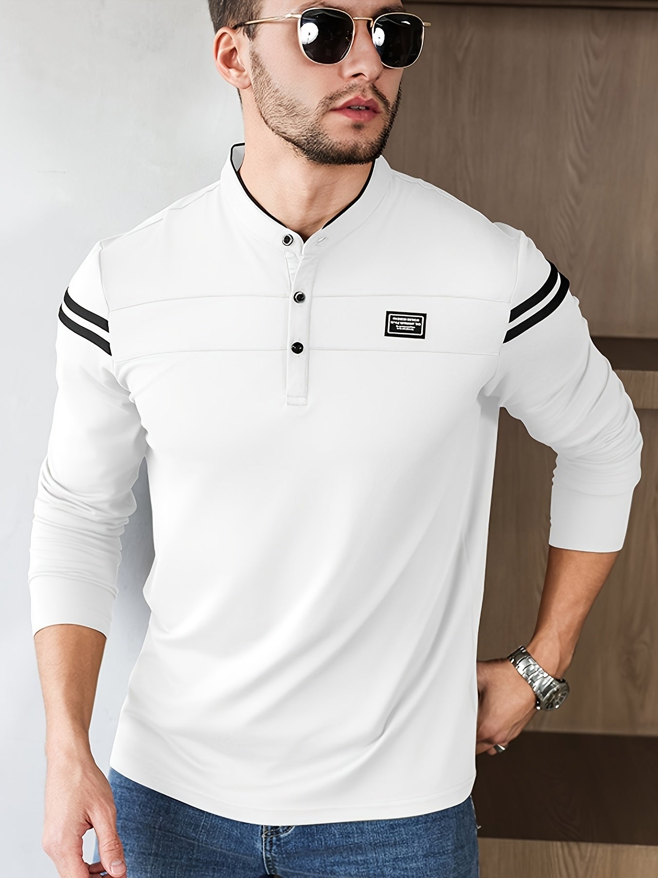 Men'S Casual Long Sleeve T-Shirt - Solid Color with Stand Collar Stripe Polo, Button-Up Front, Ideal for Outdoor Activities