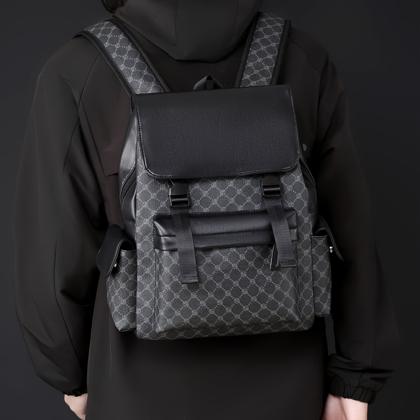 Men'S Stylish Black Brown Gingham Print Backpack - Versatile Commuter Bag with Multiple Pockets, Adjustable Straps, and Golden-Tone Hardware for Work, Travel, and Study, Travel Backpack Gingham Pattern Synthetic Backpac