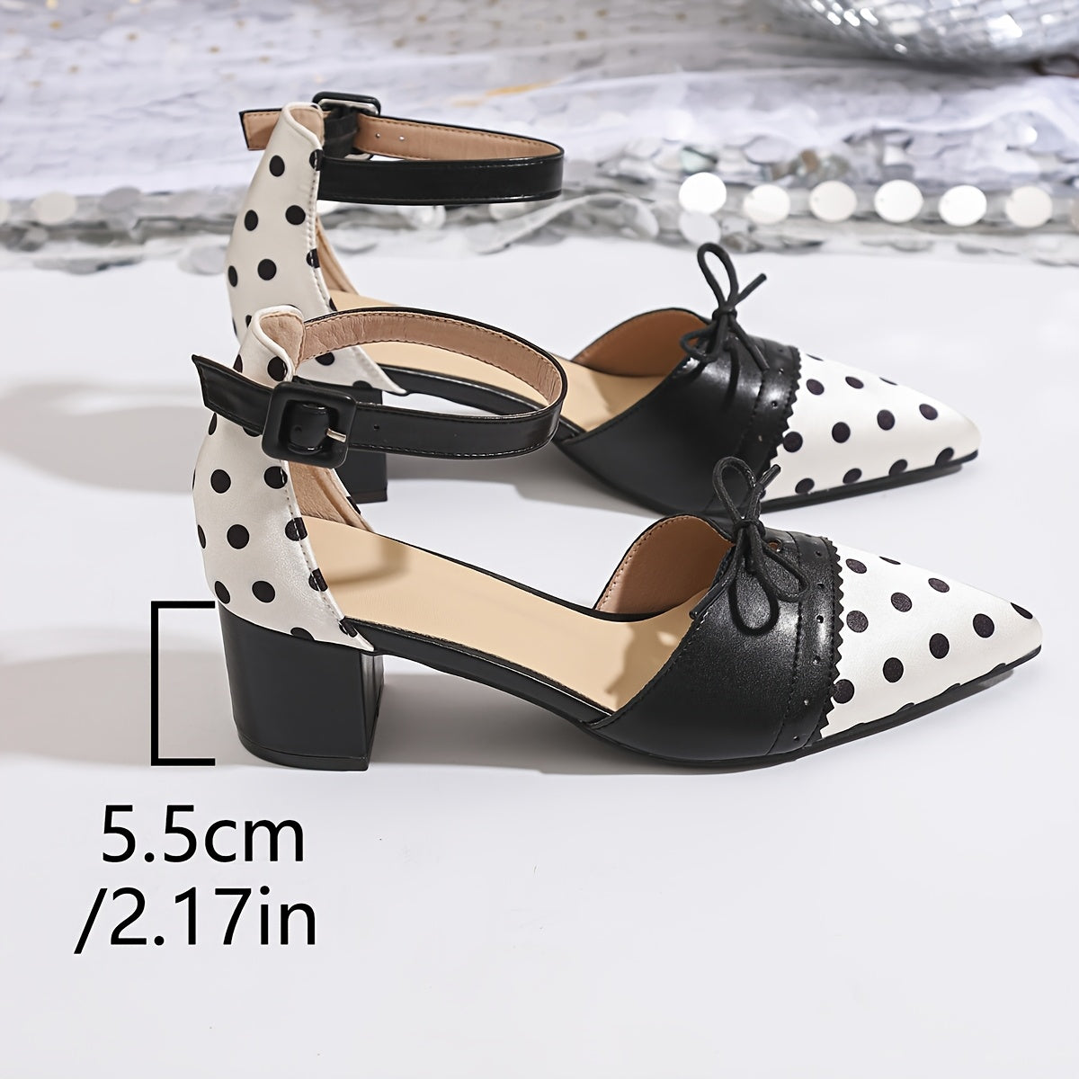 Women'S Sexy Polka Dot Mary Jane Pumps with Bow Detail - Pointed Toe, Block Heel, Ankle Strap, Summer Fashion Show Shoes, Hollow Design, Synthetic Cover Rubber Sole, Summer Fashion Shoes Polka Dot Pattern Rubber Sole Fo