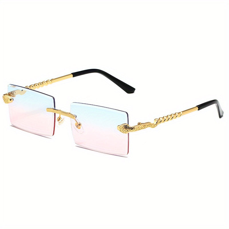 Vintage Style Square Rimless Glasses with Snake Design, Zinc Alloy Frame, Black Lenses, ENSARJOE