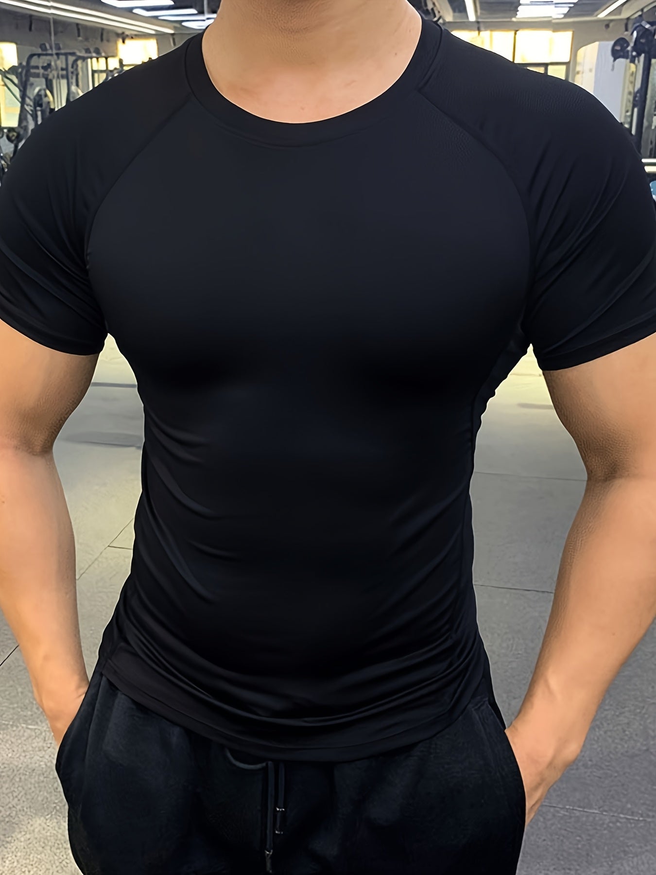 Men's Quick-Dry Athletic T-Shirt - Stretchy, Breathable Polyester, Short Sleeve, Round Neck, Black, Gym Running Workout Essential, Sports Clothing Sleek Athletic Tee Breathable Fabric, Workout Clothes