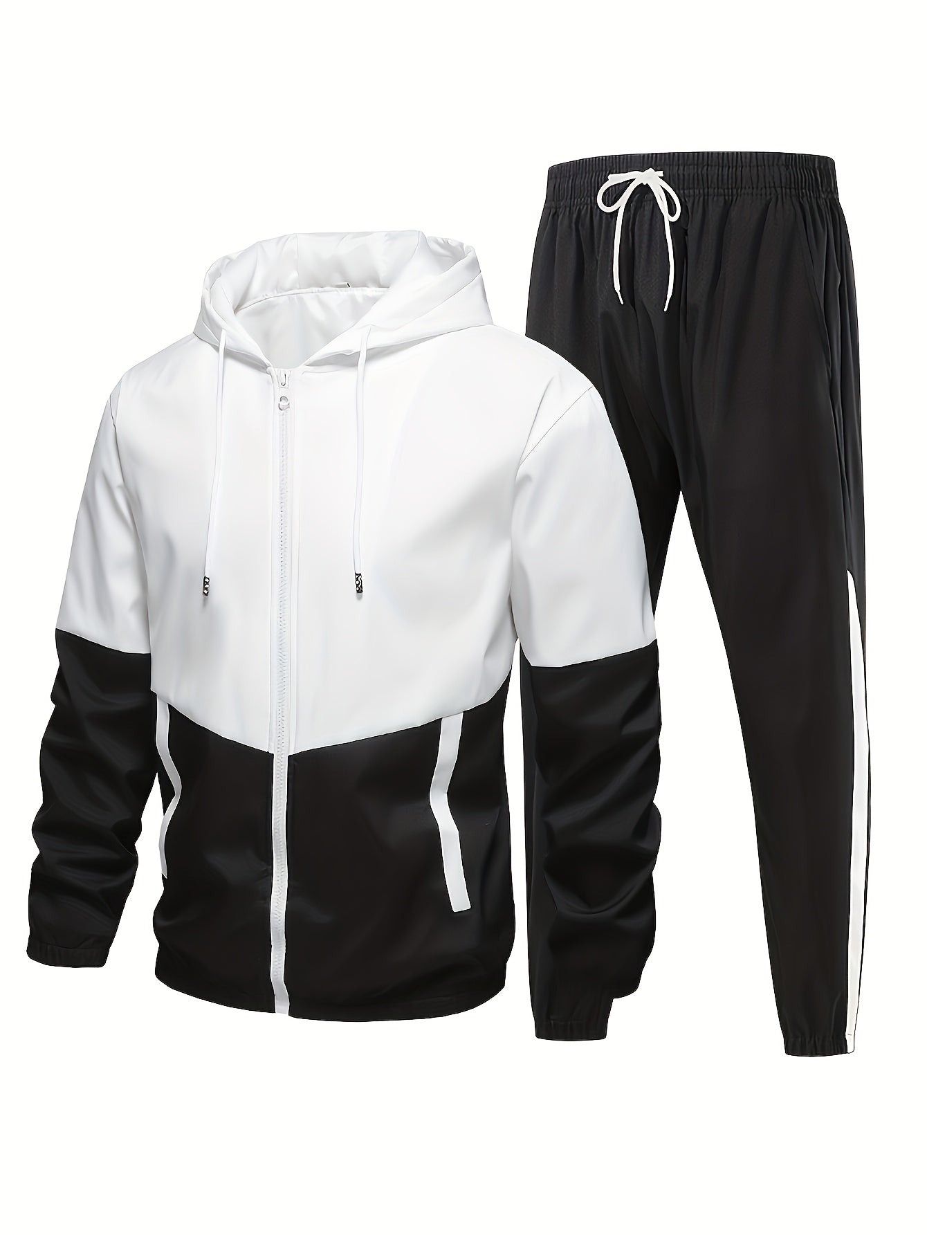 2pcs Men'S Casual Sportswear Set - Color Block Hooded Jacket and Pants, Polyester, Machine Washable, All-Season, with Pockets, Regular Fit, Spring Sportswear|Hooded Sportswear|Machine Washable Fabric
