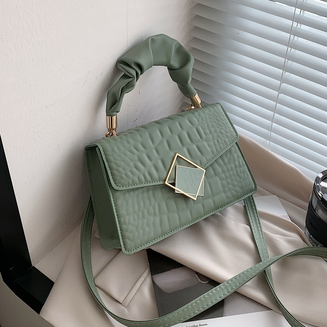 Trendy Crocodile Pattern Shoulder Bag, Top Ruched Handle Square Wallet for Women, Solid Color Textured Bag