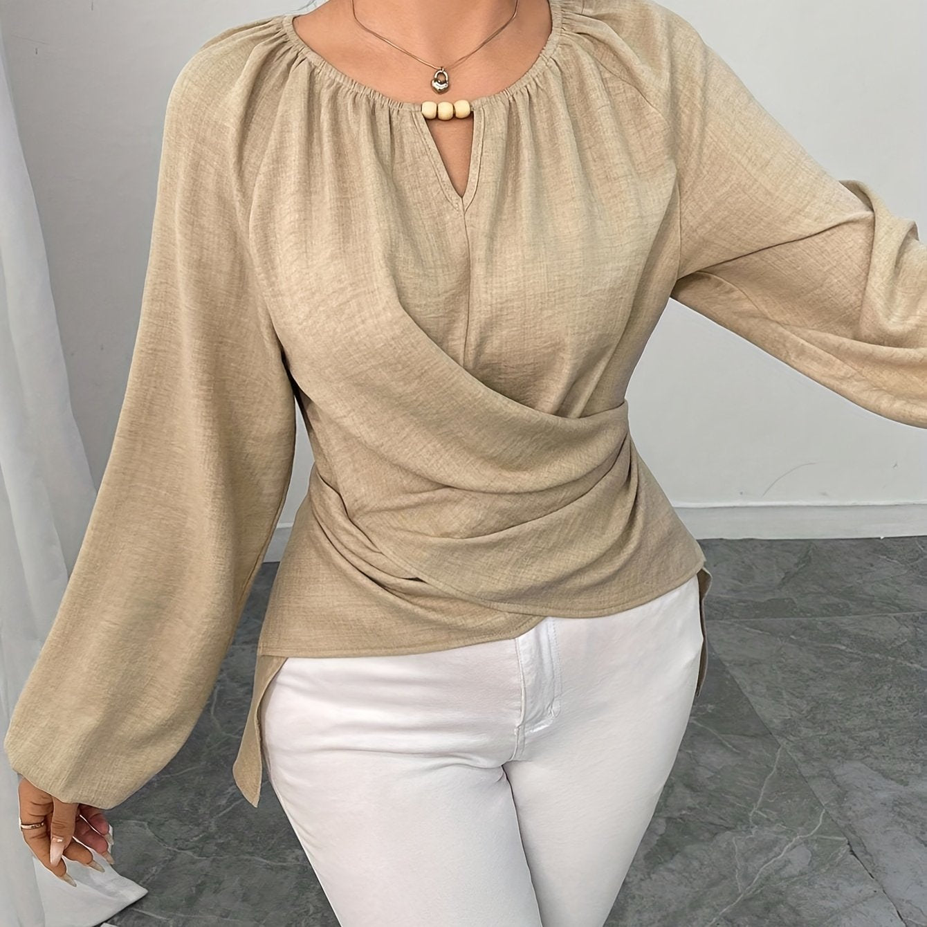 Women'S Elegant Beaded Wrap Shirt - Long Sleeve Round Neck Blouse with Beaded Embellishment, Solid Burgundy/Red/Pink/ - Casual to Formal