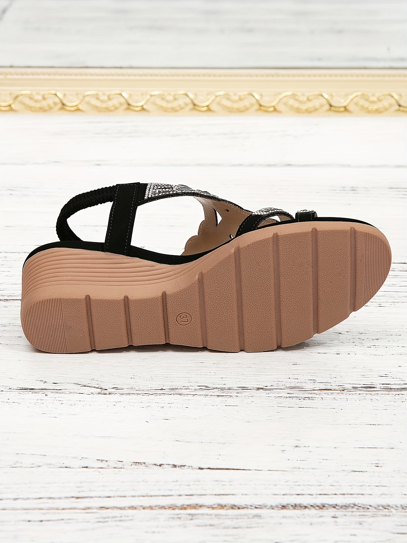 Vibrant Comfort Bohemian Style Women's Rhinestone Wedge Sandals, Open Toe Platform Heel with Elastic Strap, Summer Beach Music Festival Slip-On Shoes, Man-Made Upper/Inner/Insole, TPR Sole, Beach Sandals Toe Post Sandals