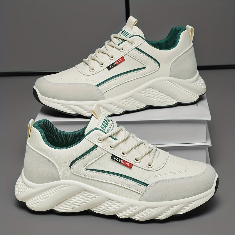 Men's Versatile Casual Sneakers - White Green Low-Top Lace-Up Shoes with Rubber Sole, Comfortable for Casual Attire and Athletic Activities