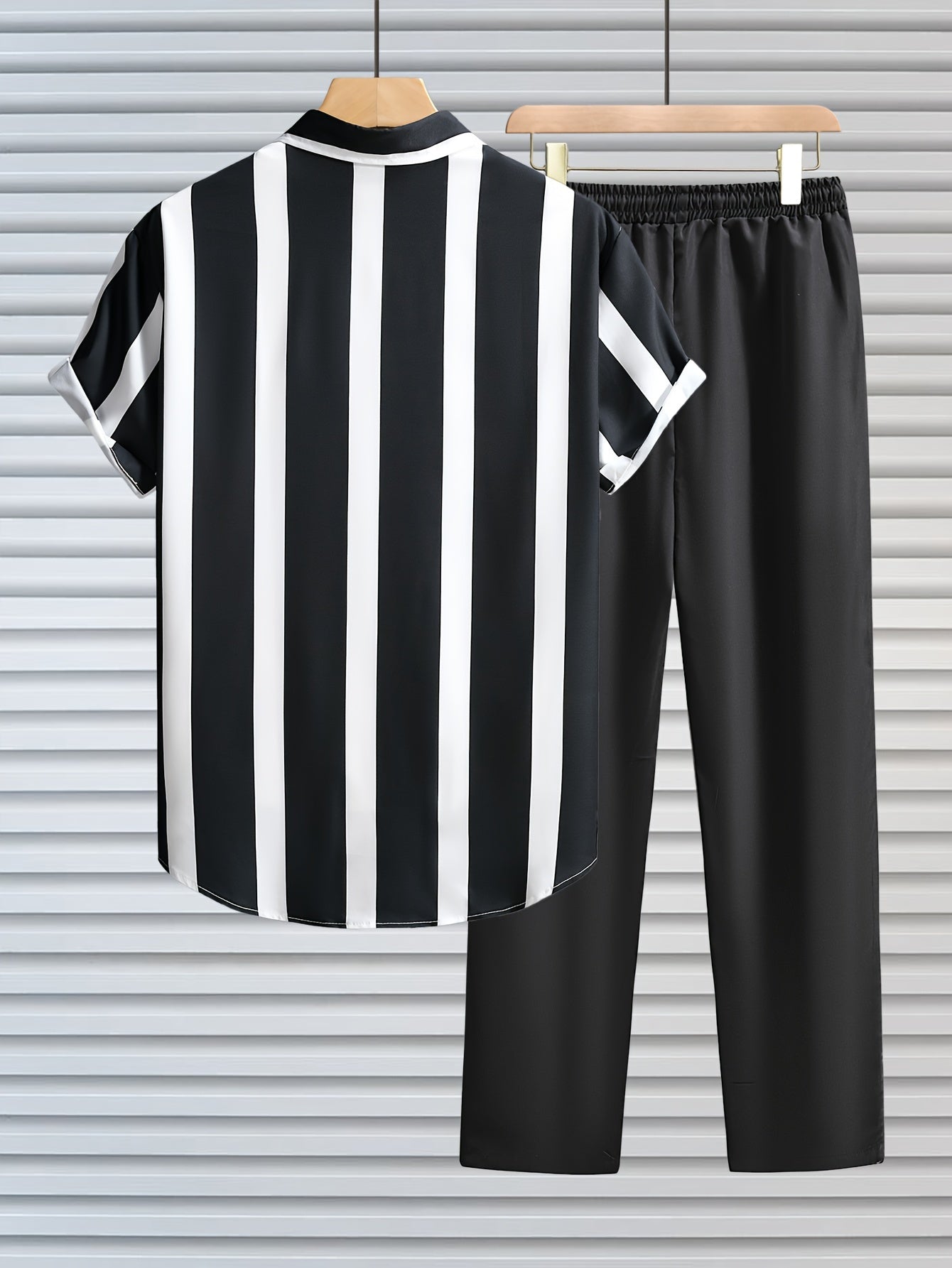 Men's Outfit, Casual Striped Lapel Short Sleeve Button Up Shirt & Drawstring Pants 2-piece Set For Outdoor Activities