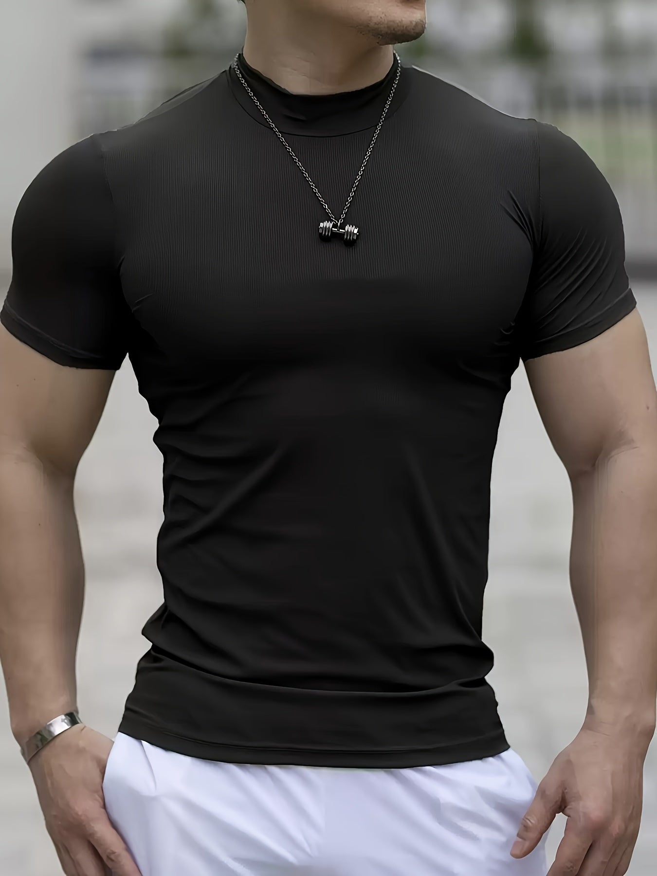 Men'S White Short Sleeve T-Shirt - Stretchy, Moisture-Wicking, Round Neck, Casual Fitness Wear for Summer, Sporty Style, Sportswear Tee Sporty Neckline Stretchy Fabric
