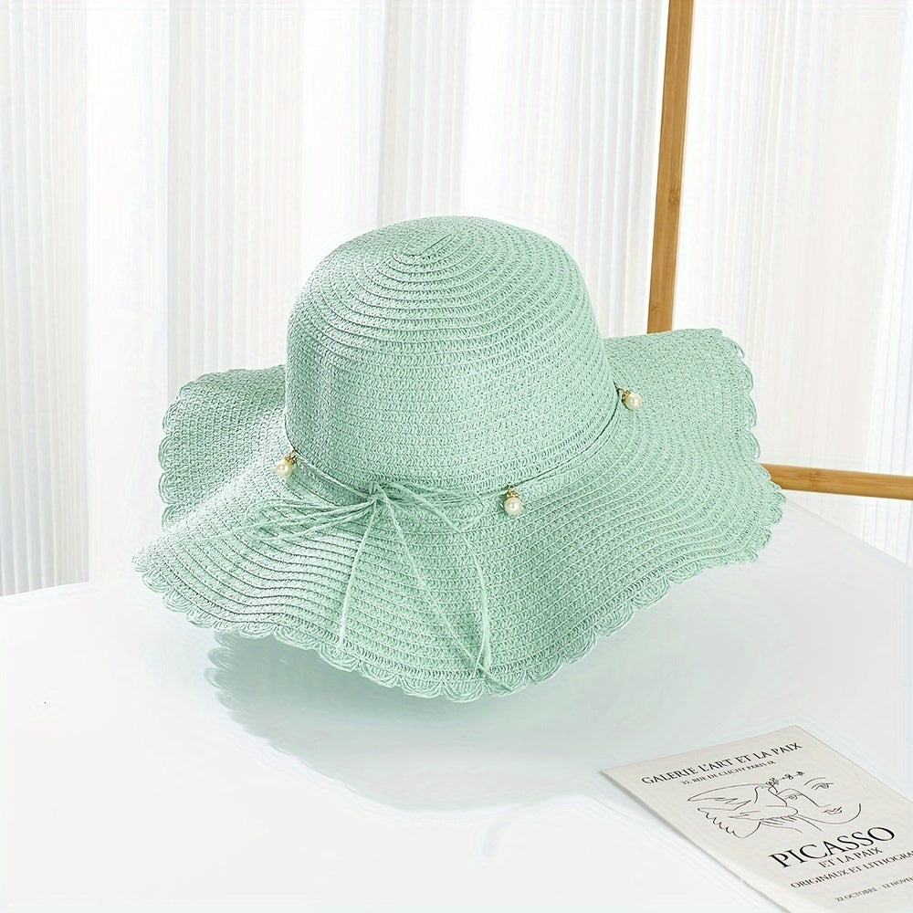 Women's Wide Brim Straw Sun Hat with Accents & Adjustable Ribbon - Protection Lace Trim Beach Wedding Casual Outdoor Hat for All Seasons