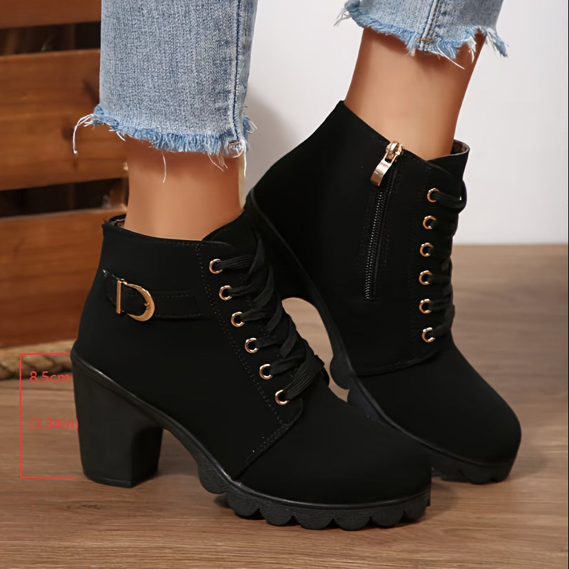 Women's Chunky platform heel Boots - Lace-up closure, Faux Cover Round-toe boots with, Thick Platform Sole for Dresses, Jeans, Party Outfits - All-Season Everyday Formal Shoes, Stylish Outfit Additions, Side Zipper Detail,