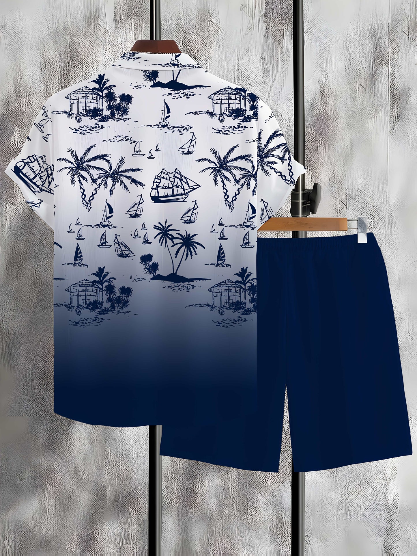Men's 3D Printed Lapel Casual Shirt and Shorts Set