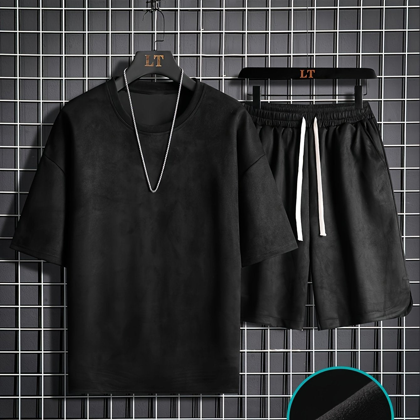 Two-piece Men's summer short-sleeve set, round-neck T-shirt, high-end solid color, half-sleeve, open-back hair clip, thin-fit shorts