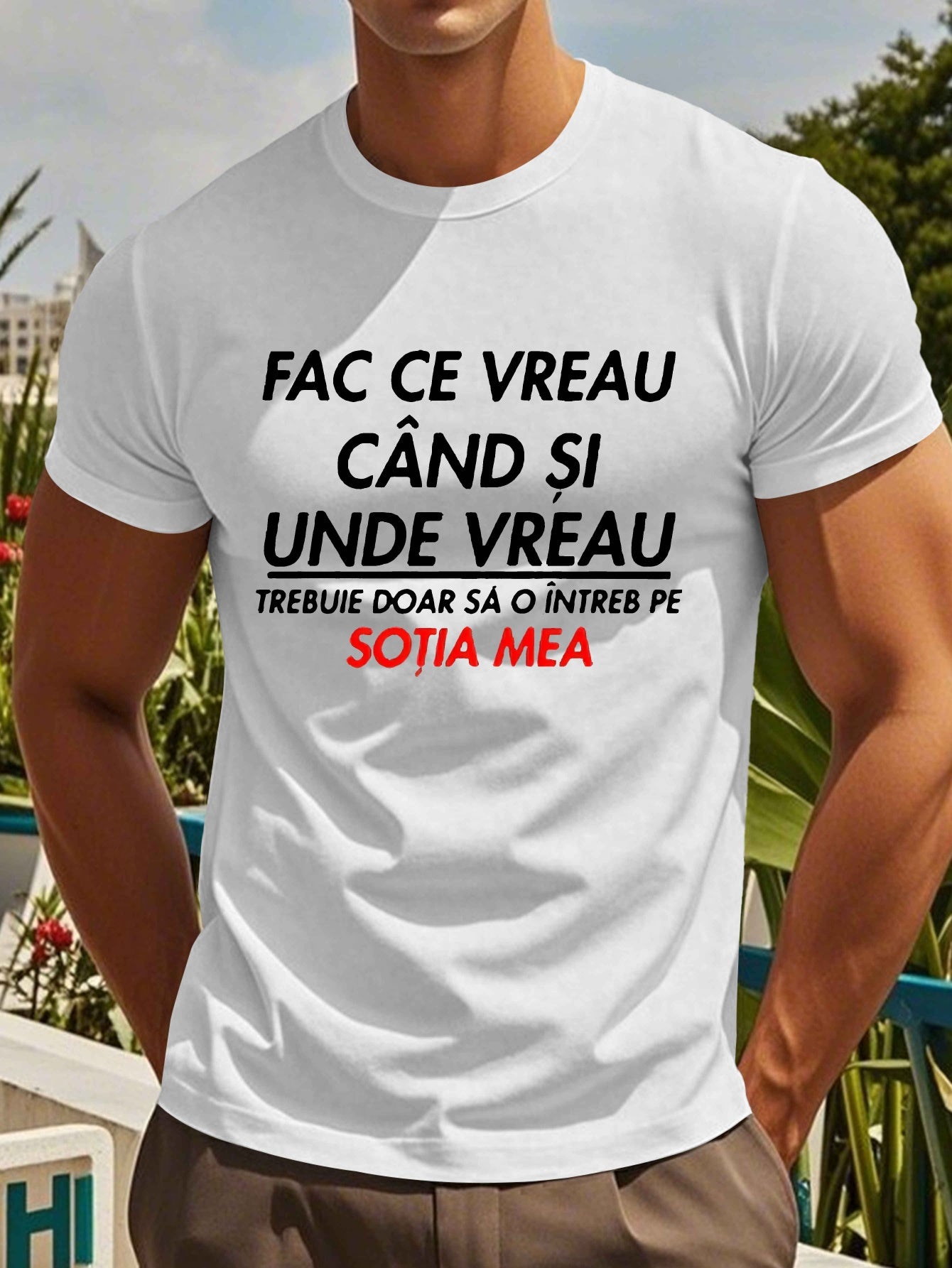 Men's Romanian Quote Short Sleeve T-Shirt - "Face Ce Vreau Cand Si Under Breath" Print, Lightweight Polyester, Casual Summer Top, Round Neck, Machine Washable, Machine Washable Tee Bold Text Tee Lightweight Material
