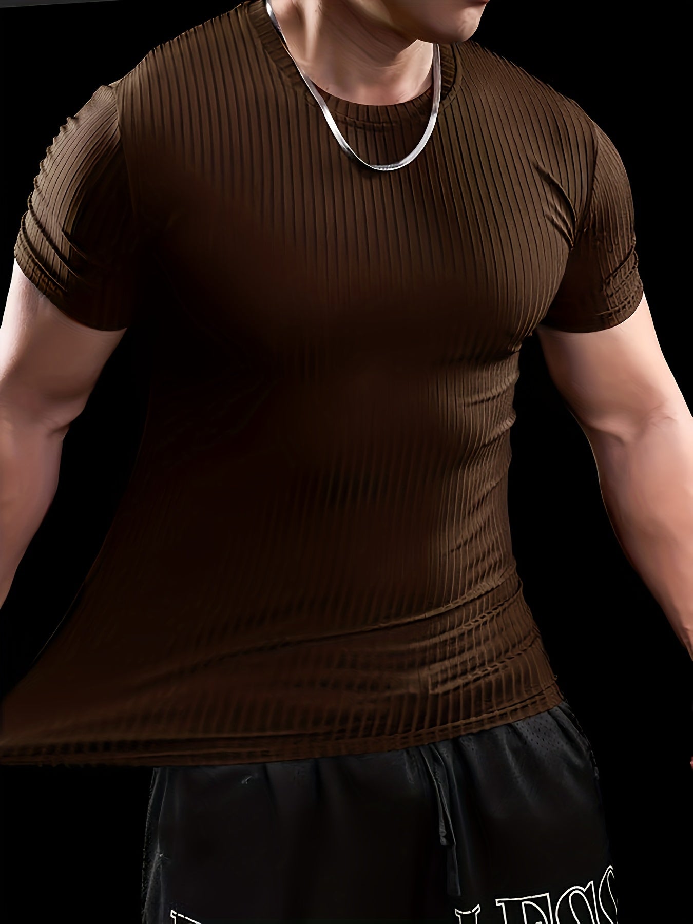 Men's Slim Fit Ribbed Short Sleeve T-Shirt - Stretchy Athletic Casual Wear, Green, Round Neck, Machine Washable, Muscle-Enhancing Design, Gym Shirts