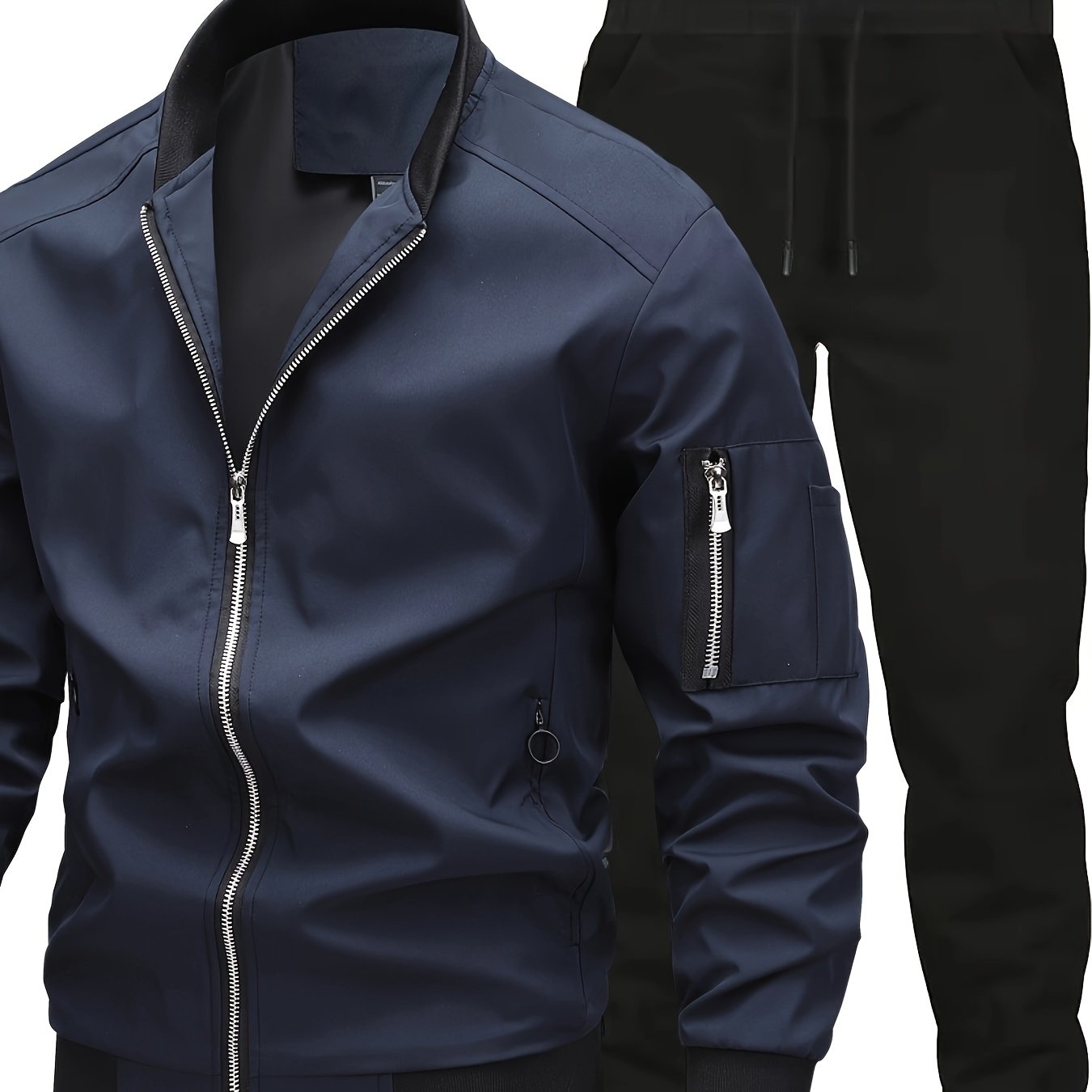 Men'S Casual Workwear Jacket and Pants Set, Solid Color, Long Sleeve, Regular Fit, with Pockets, for Spring/Fall, Casual Attire, Casual Attire|Casual Style|Solid Color Jacket