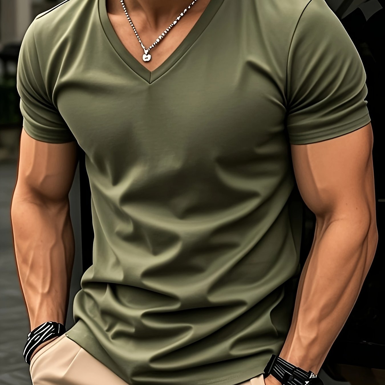 Men'S V-Neck Short Sleeve T-Shirt - Lightweight Breathable, Casual Fit, Solid Black, Perfect for Summer, High-Quality Knit Fabric, Everyday Tshirt Casual Style Comfortable Fit