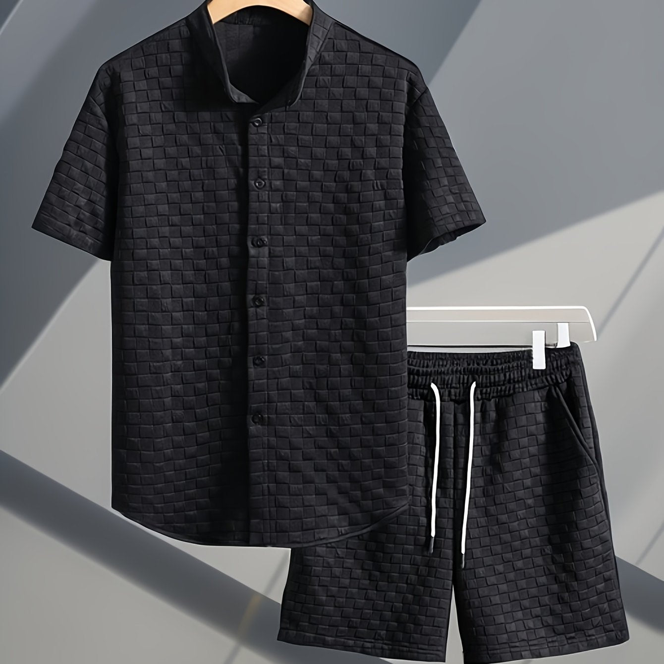 Men's Set Shirt Short Sleeve Shorts Thick Solid Color Knit Jacquard Casual Comfort High-Quality Two-Piece Set