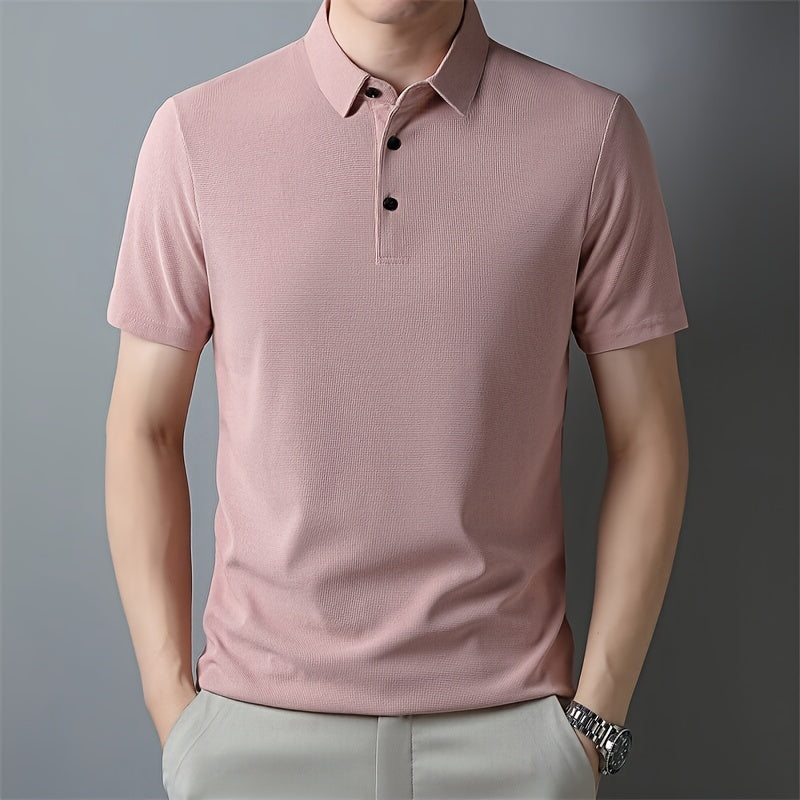 Men's Solid Short Sleeve And Lapel Collar Henley Shirt, Casual And Comfy Sports Tops For Summer Golf Wear And Outdoors Activities