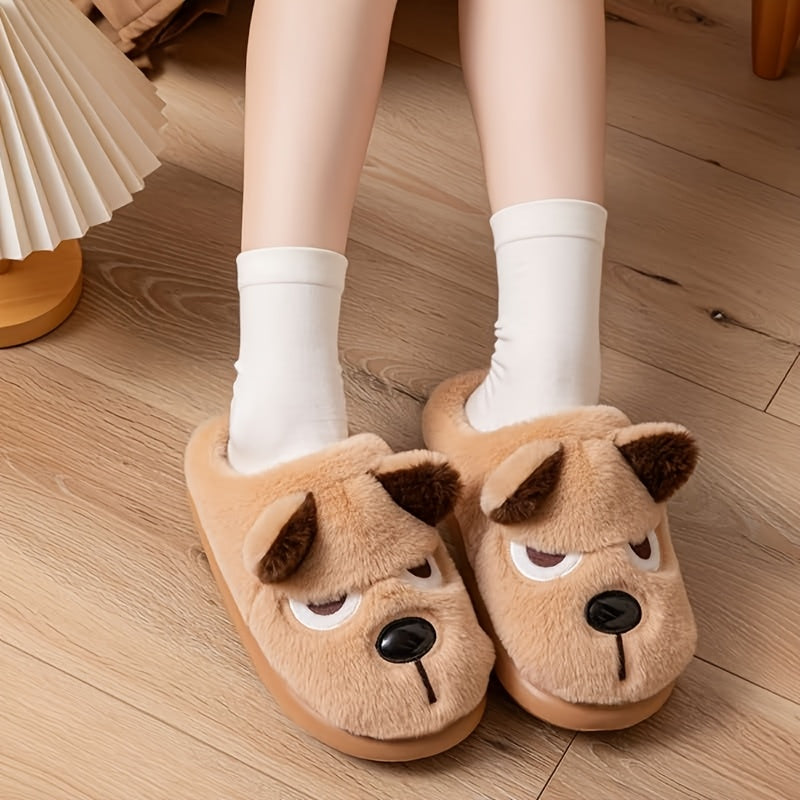 Unisex Warm Fleece Slippers with 3D Puppy Design for Winter
