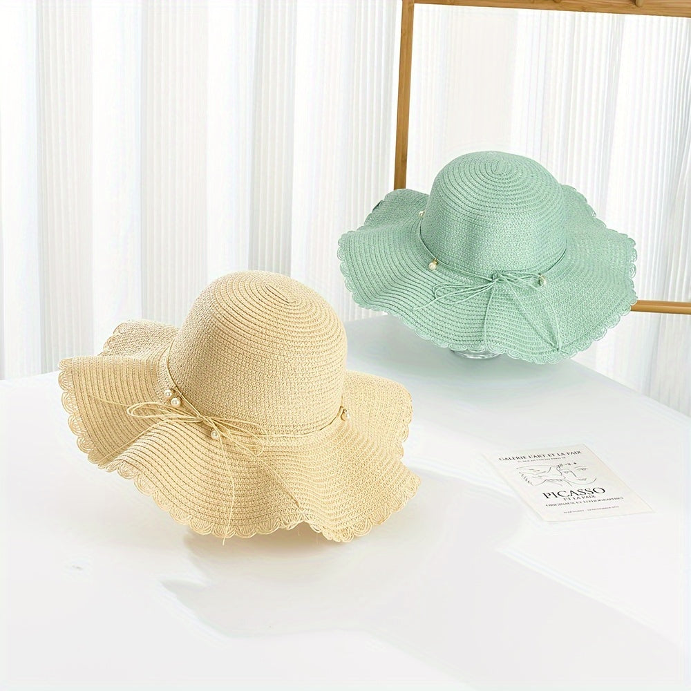 Women's Wide Brim Straw Sun Hat with Accents & Adjustable Ribbon - Protection Lace Trim Beach Wedding Casual Outdoor Hat for All Seasons