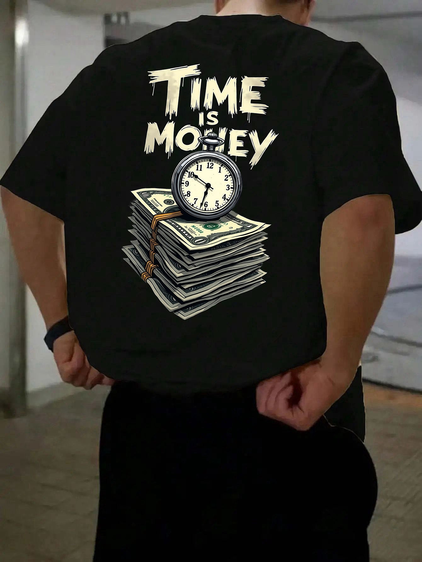 Men'S Casual Short Sleeve T-Shirt with "Time is Money" Clock Stack of Cash Graphic - Lightweight Polyester, Loose Fit, Round Neck, Perfect for Spring Summer Outdoor Wear, Relaxed Fit Shirt Bold Graphic Tee Glossy Text