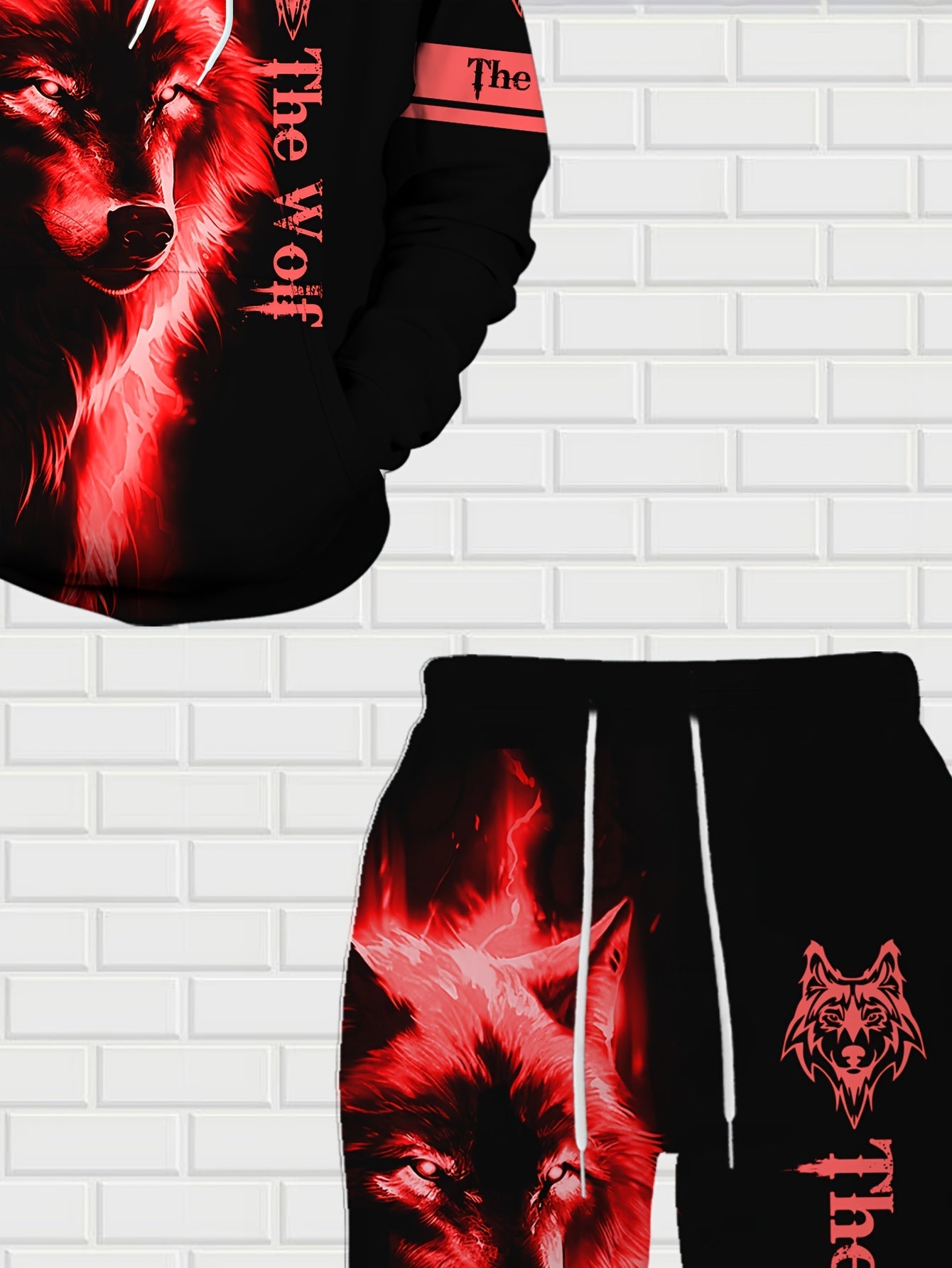 Men'S Wolf Print Hooded Sweatshirt and Joggers Set, Casual Polyester Knit Fabric, Slight Stretch, Regular Fit, Comfortable Long Sleeve Pullover for Spring/Fall, Weekend Casual Wear