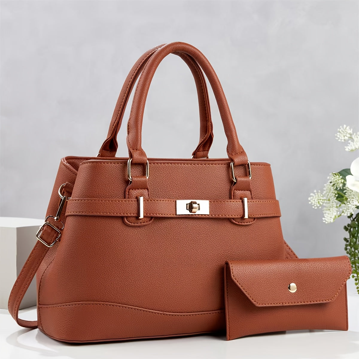 Women’s 2-Piece Faux Leather Quilted Bag Set with Removable Strap