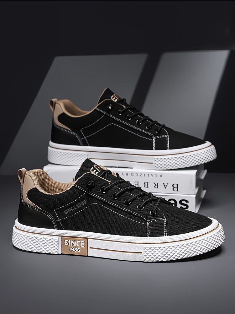 Men's Casual Low-Top Sneakers - Breathable Fabric Durable PVC Sole, Black Beige Contrast Design, Lace-Up Round Toe for All-Season Comfort, Versatile for Casual Semi-Formal Wear, Comfortable Footwear, Fabric Upper